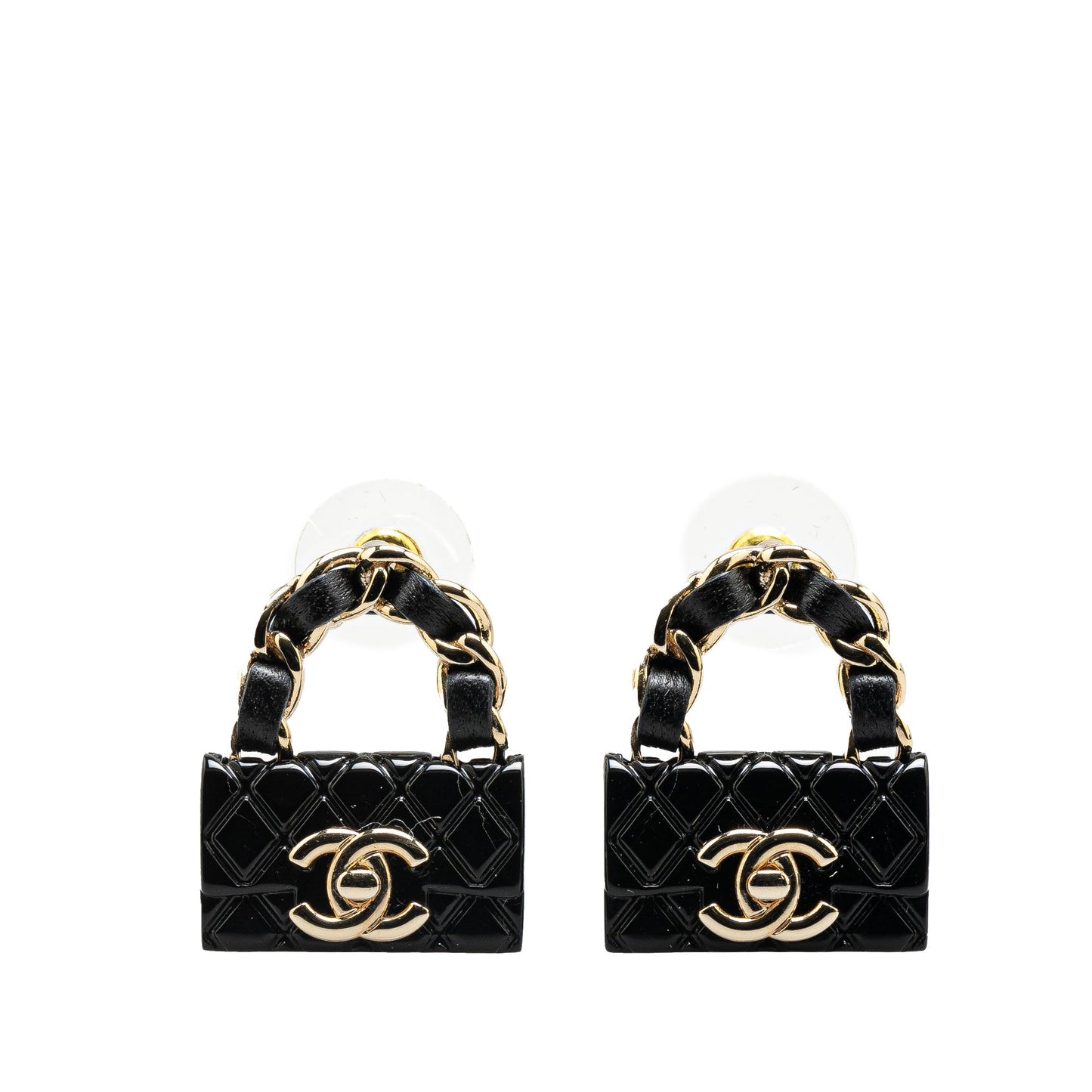 Black Chanel Resin Quilted Lambskin CC Turnlock Chain Flap Push Back Earrings