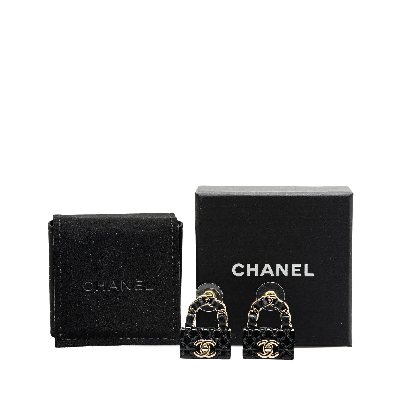 Black Chanel Resin Quilted Lambskin CC Turnlock Chain Flap Push Back Earrings