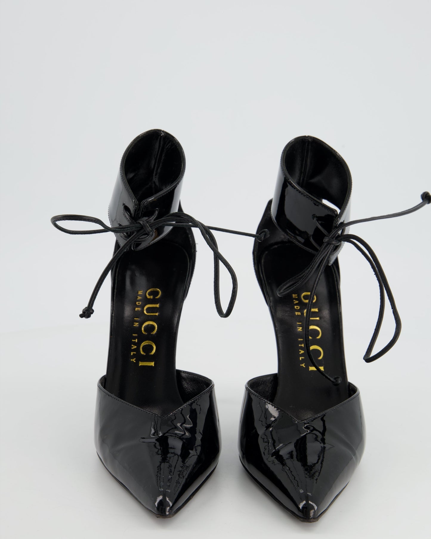 Gucci Black Patent Leather Heels With Gold Heels & Ankle Strap Detailing Size EU 39