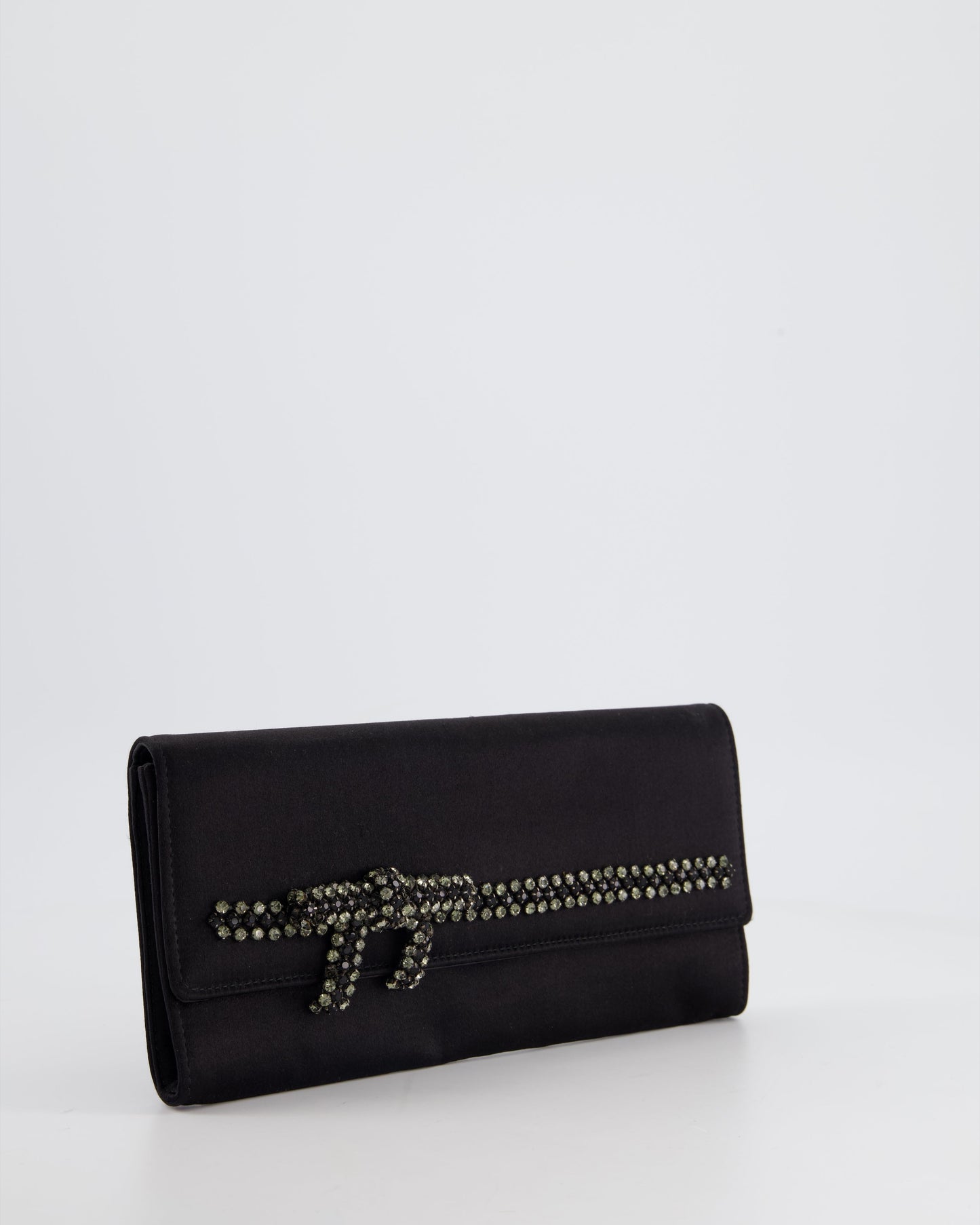 Gucci Black Rectangular Satin Clutch Bag with Embellished Bow Detail