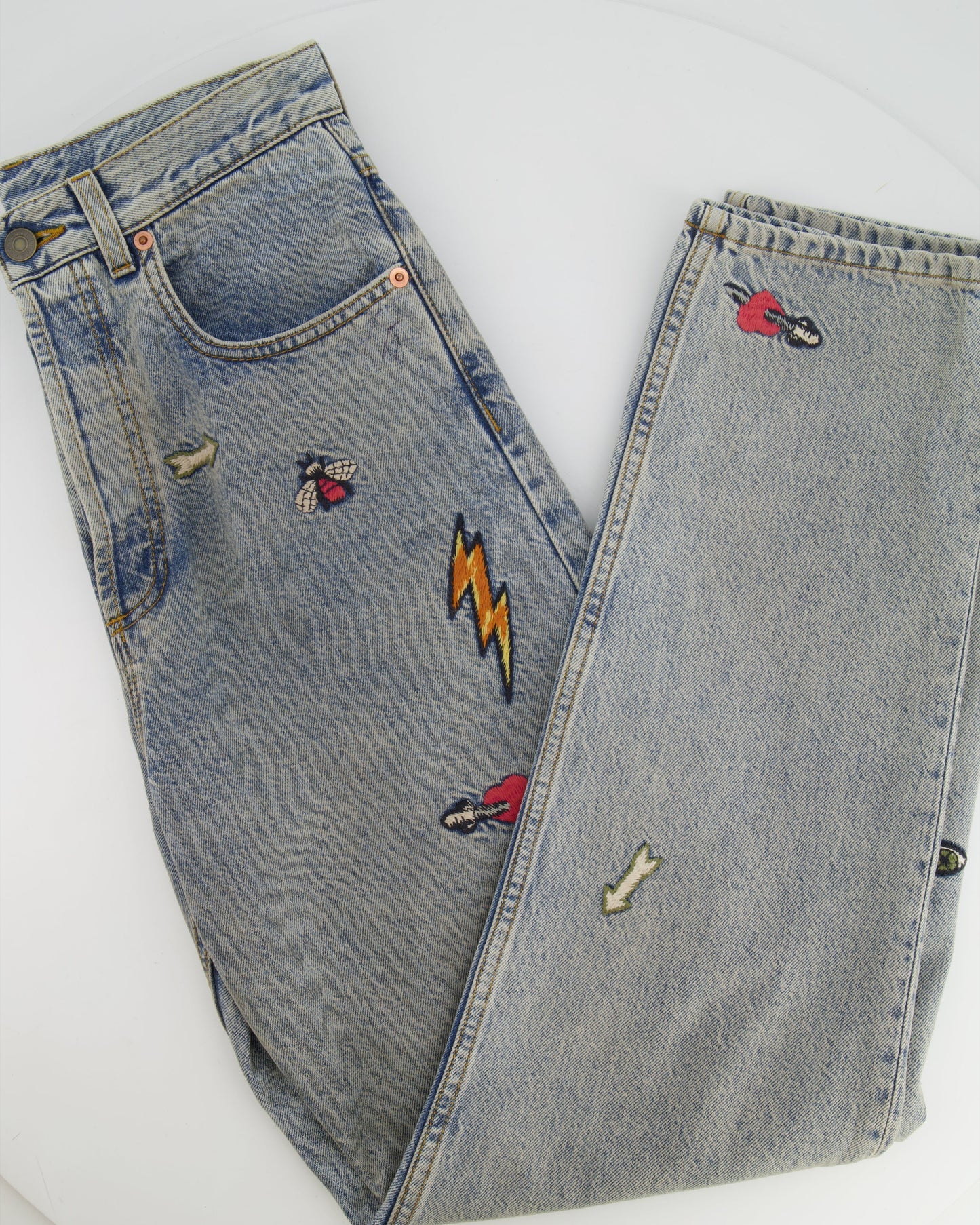 Gucci Blue Straight Loved Jeans with Multicolour Embroideries Size 25 (UK 6)