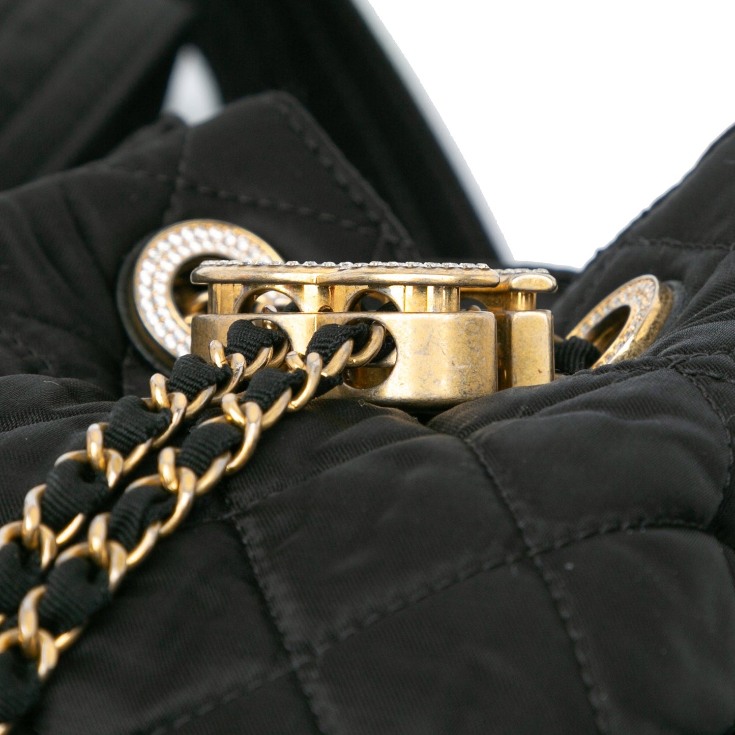 Black Chanel Quilted Nylon Crystal CC Drawstring Sling Bag