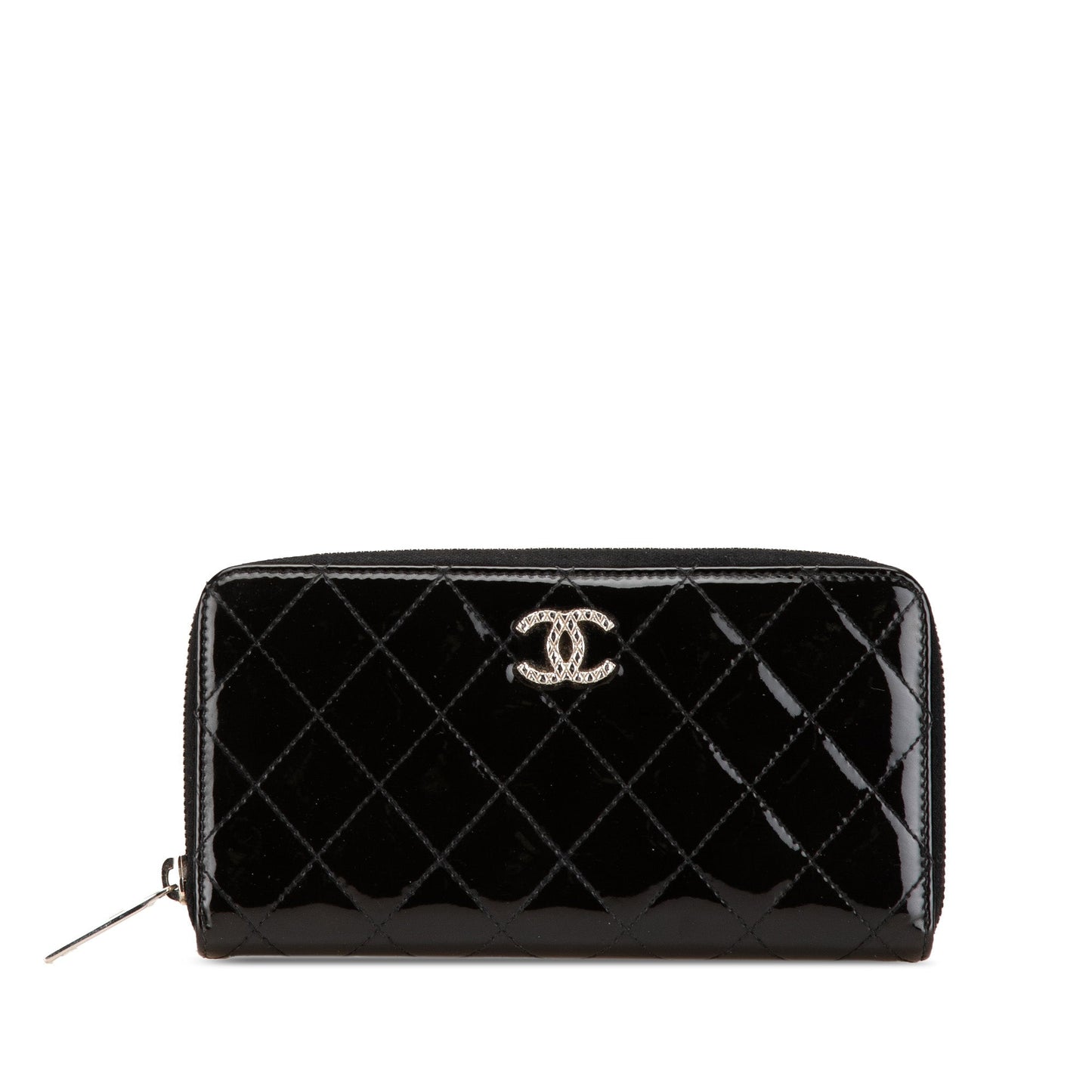 Black Chanel Quilted Patent Brilliant Zip Around Wallet