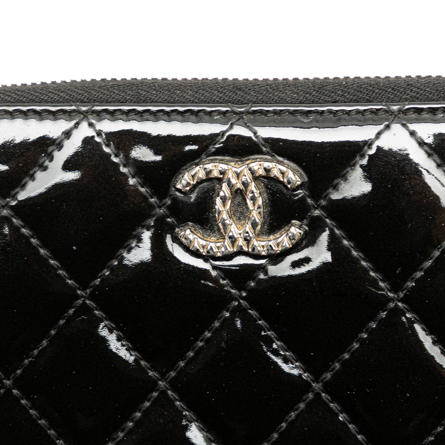 Black Chanel Quilted Patent Brilliant Zip Around Wallet