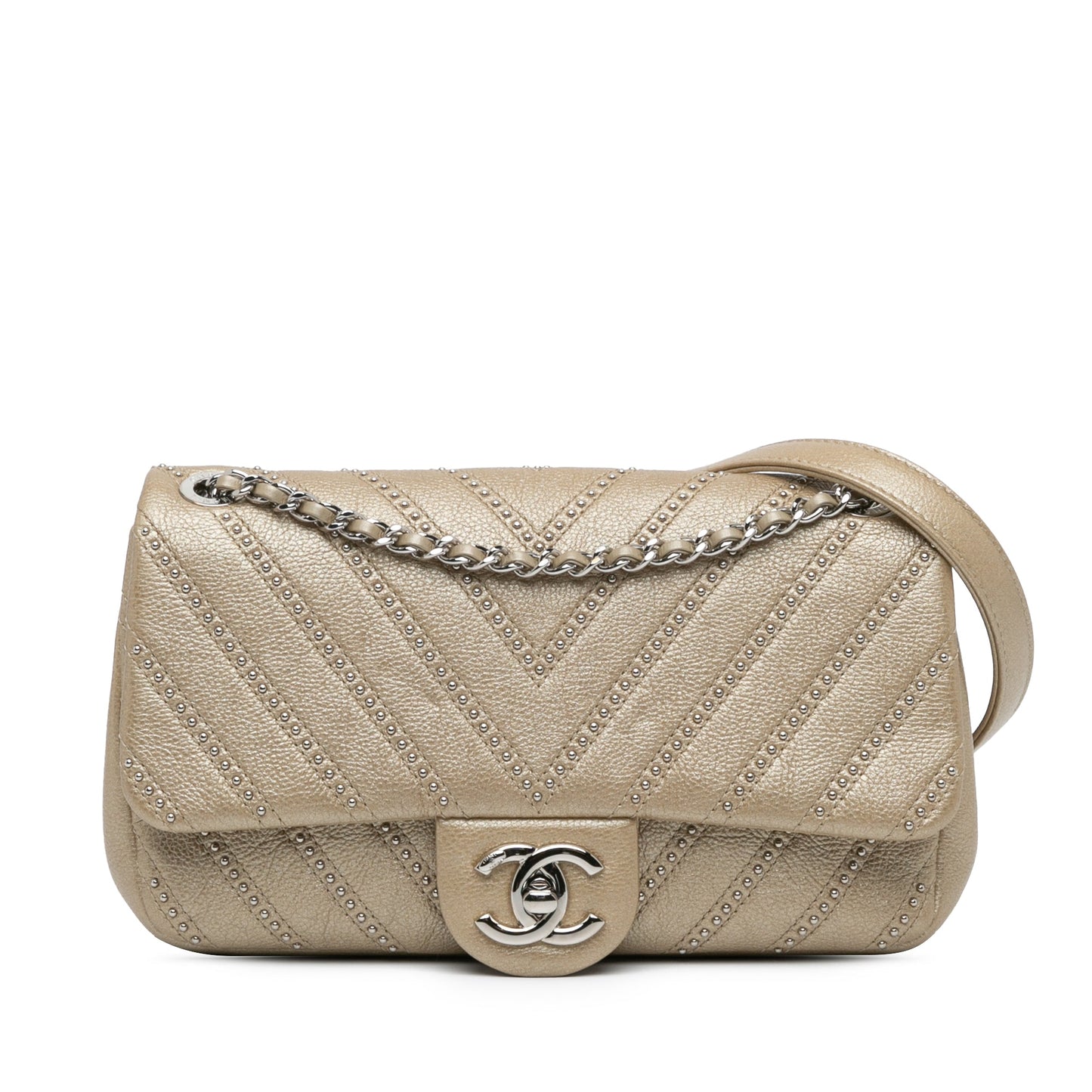 Gold Chanel Small Chevron Studded Calfskin Flap Shoulder Bag