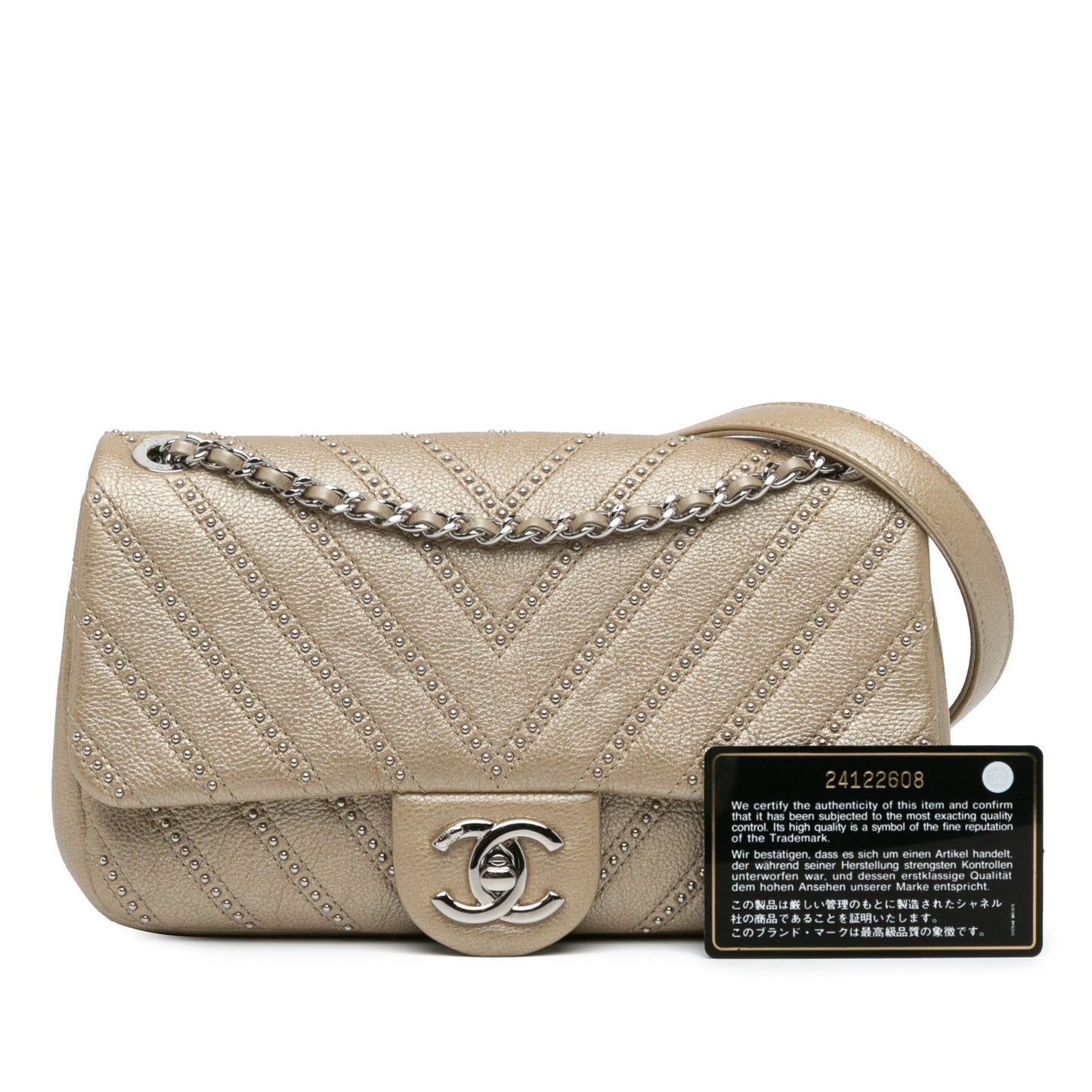 Gold Chanel Small Chevron Studded Calfskin Flap Shoulder Bag