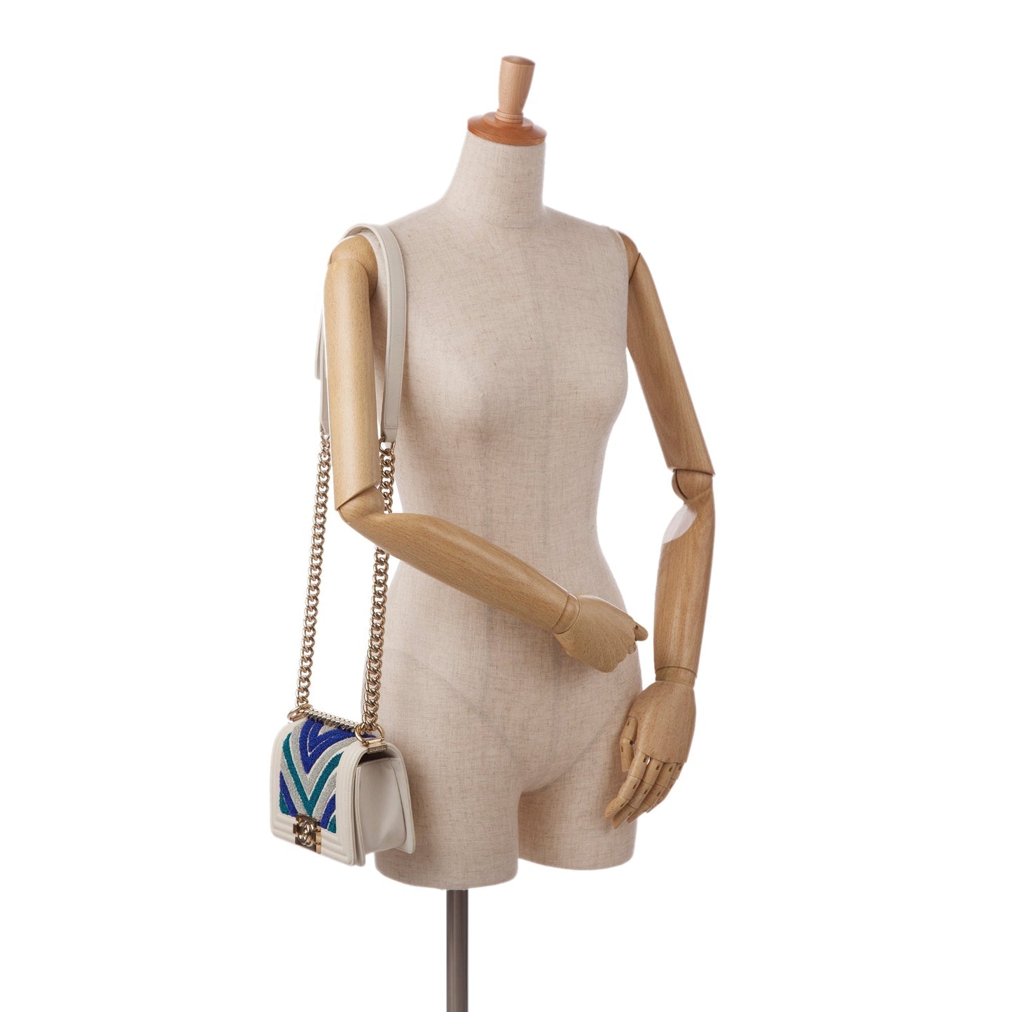Chanel Boy Small White Embroidered Lurex Chevron Lambskin Gold