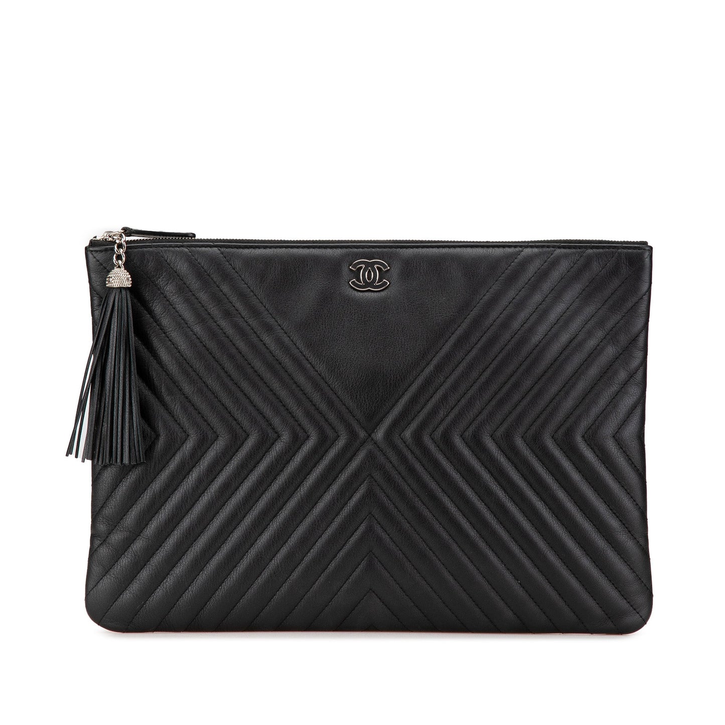 Black Chanel Large Diagonal Chevron Calfskin Tassel O Case Clutch