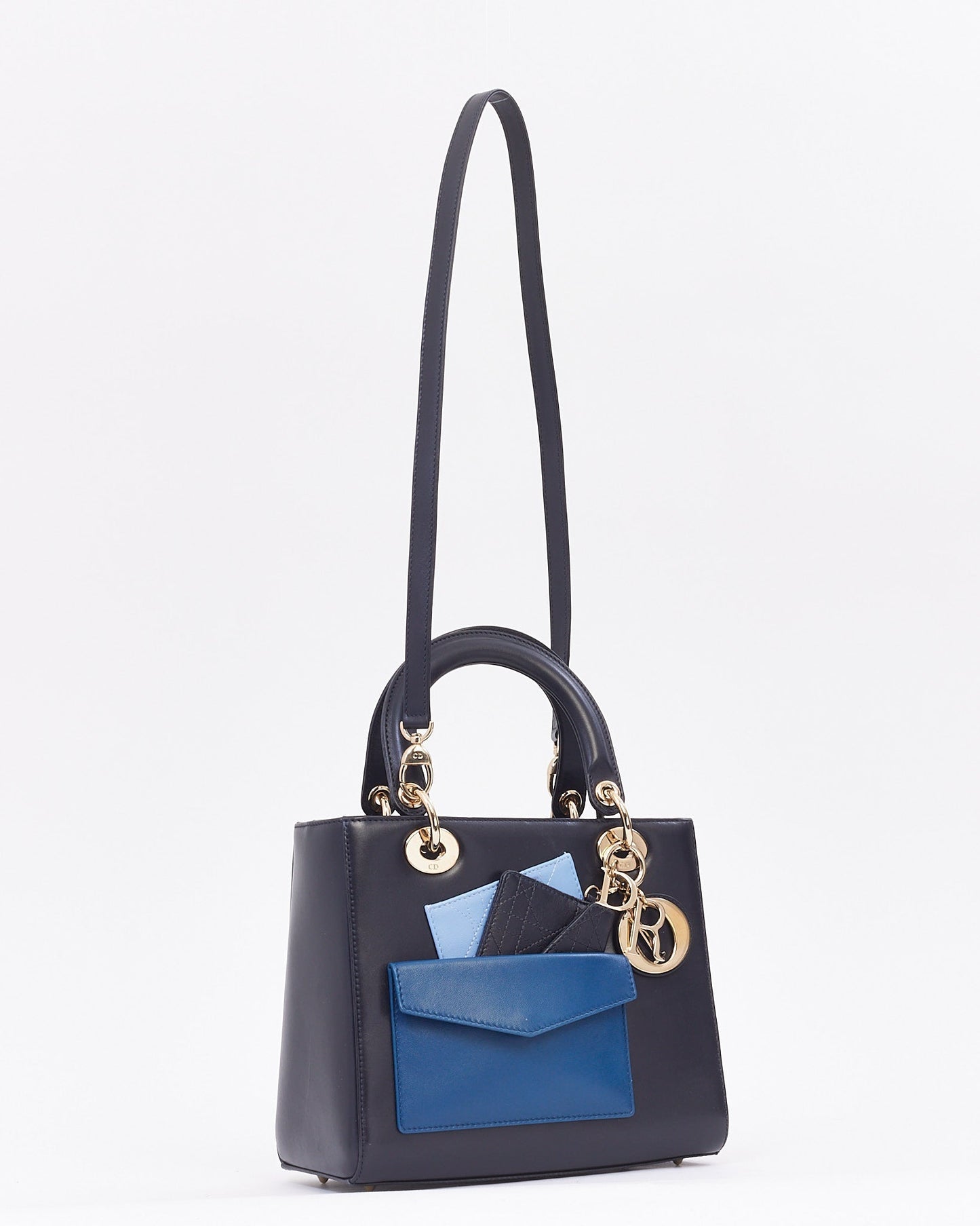 Dior Navy Leather Medium Lady Dior Pockets Top Handle Bag