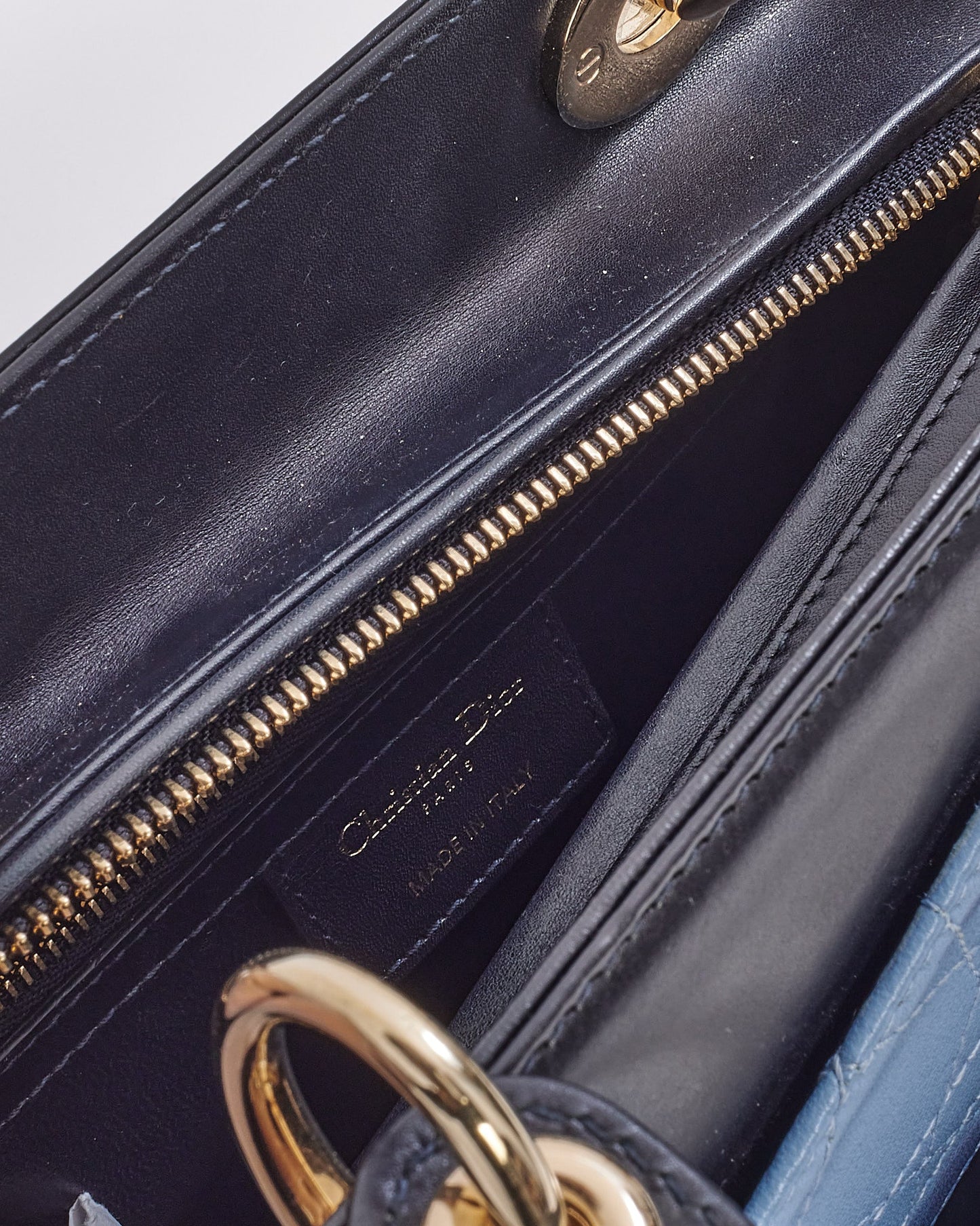Dior Navy Leather Medium Lady Dior Pockets Top Handle Bag