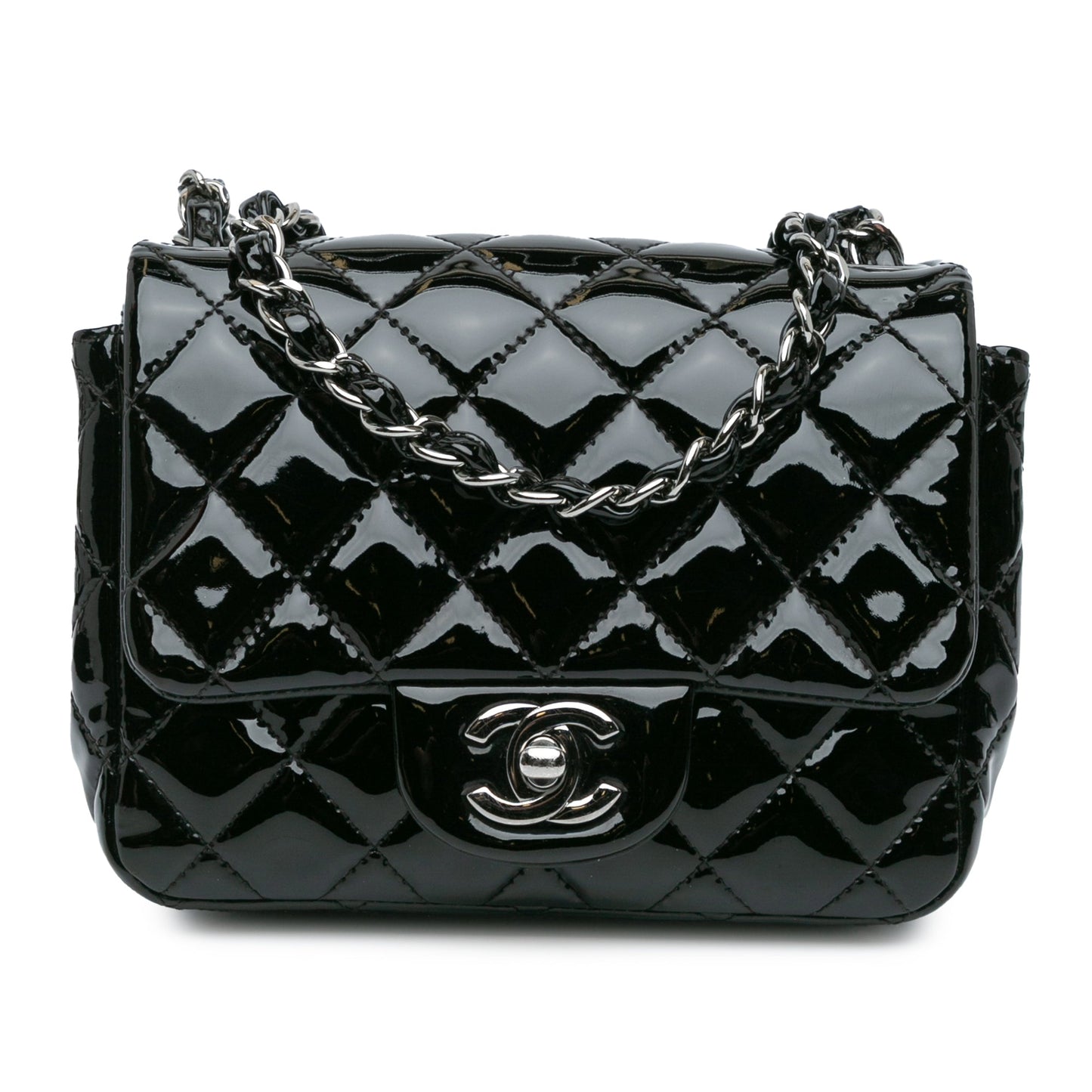 Black Chanel Mini Square Classic Patent Single Flap Crossbody Bag