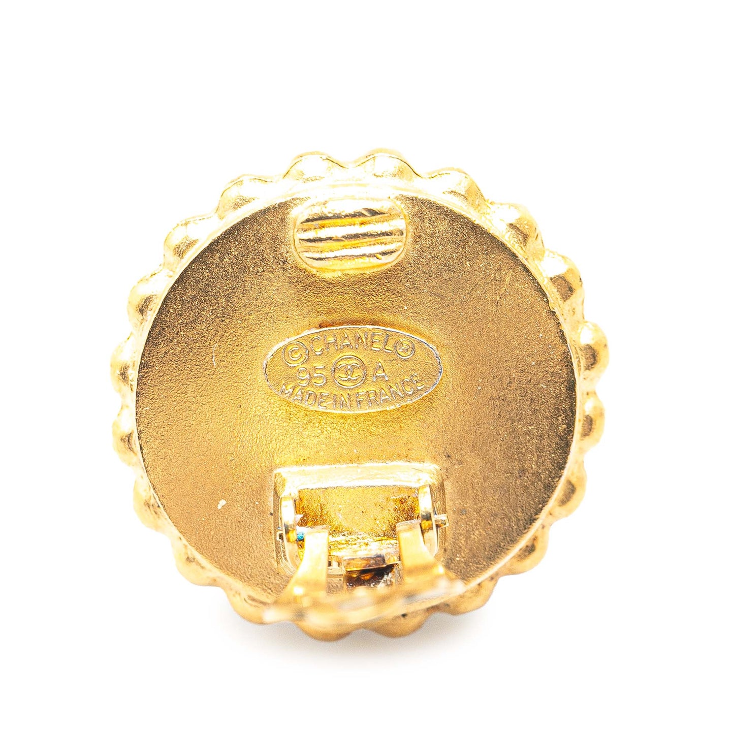 Gold Chanel Gold Plated Acrylic CC Button Clip On Earrings