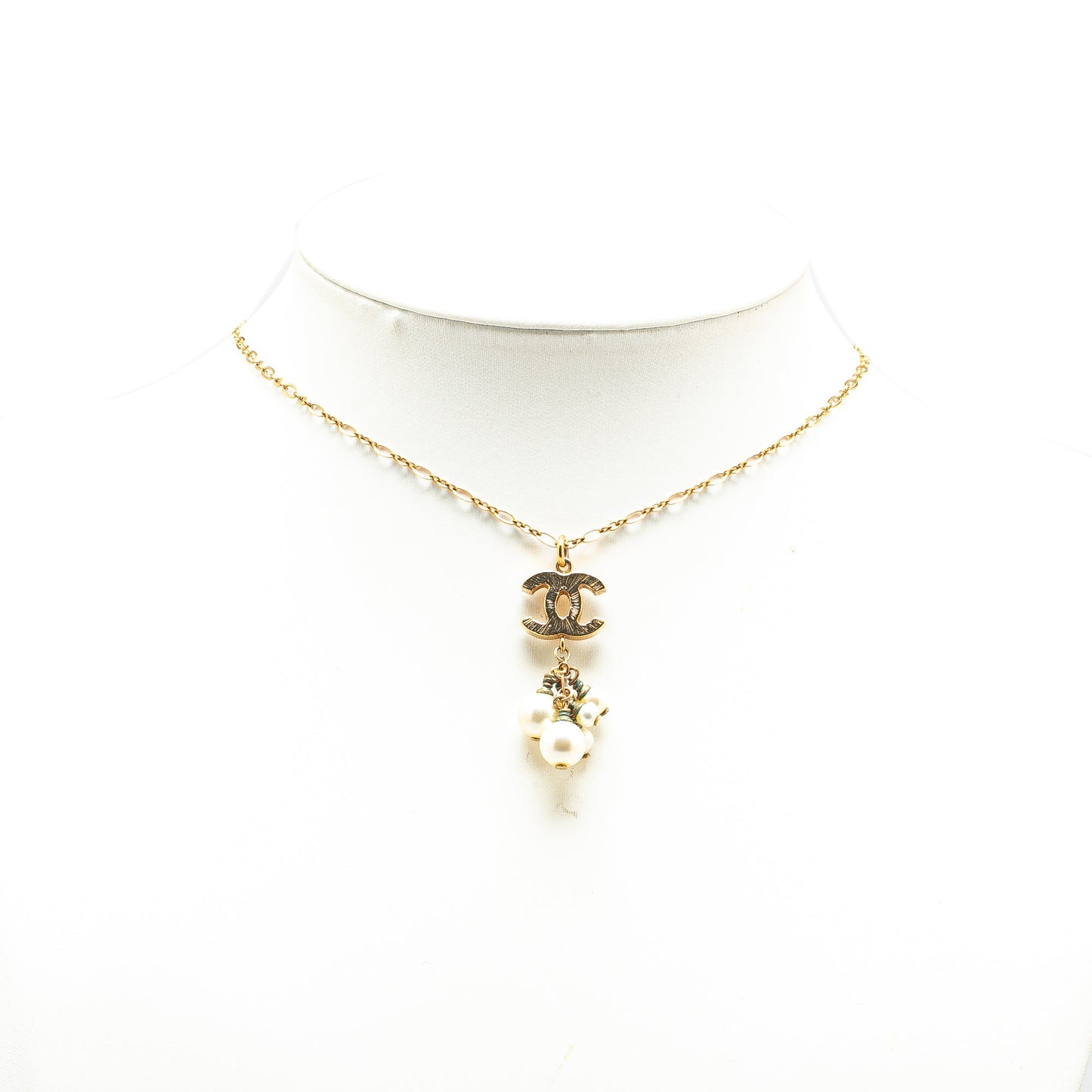 Gold Chanel Gold Plated CC Faux Pearl Pendant Necklace