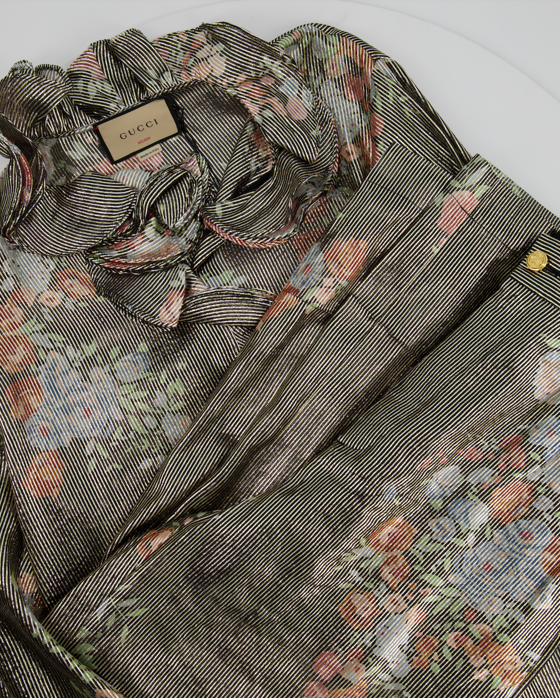 Gucci Black Metallic Striped Blouse and Trouser Set with Floral Detail Size UK 10-14