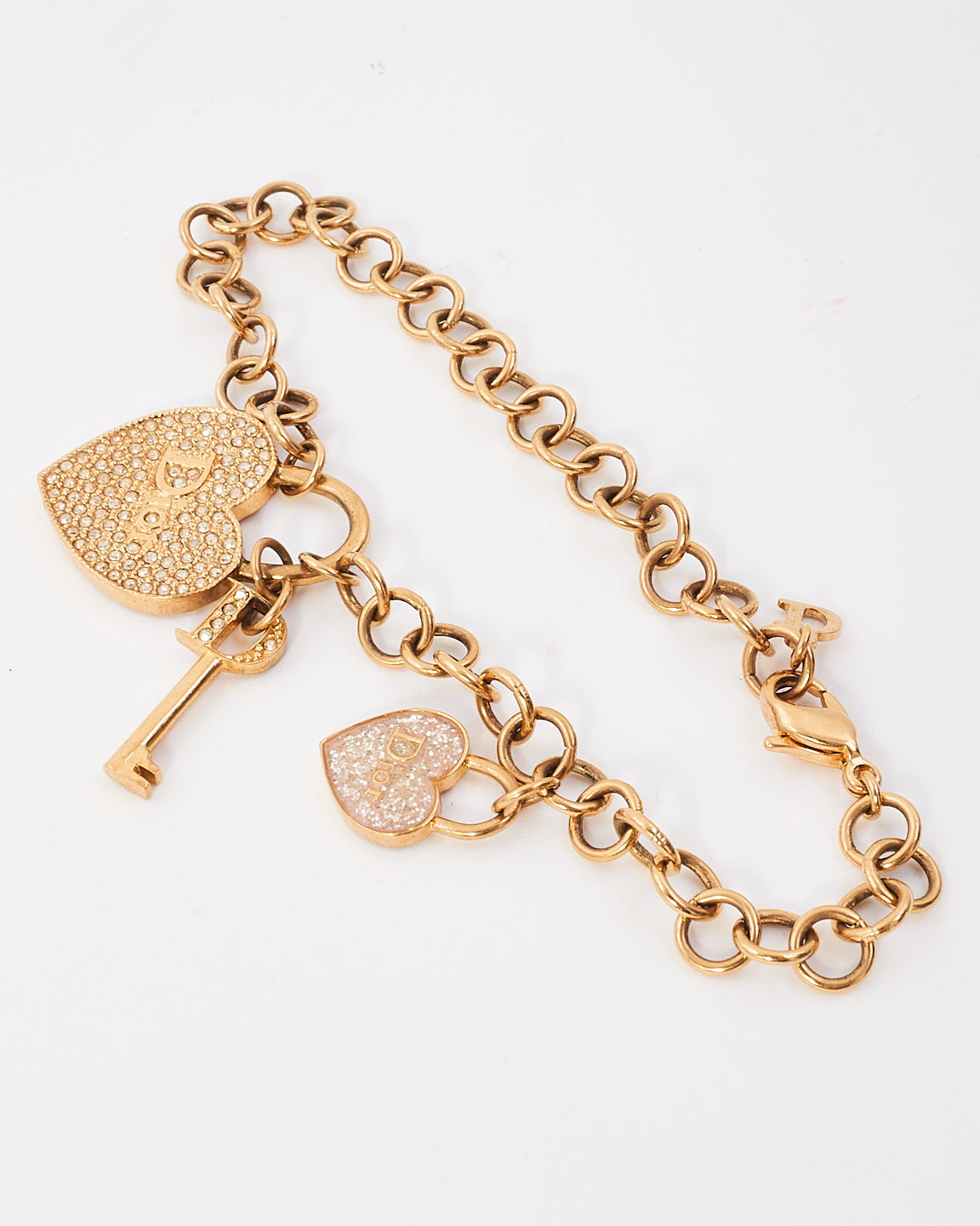 Dior Gold Tone Metal Crystal Heart & Key Charm Bracelet