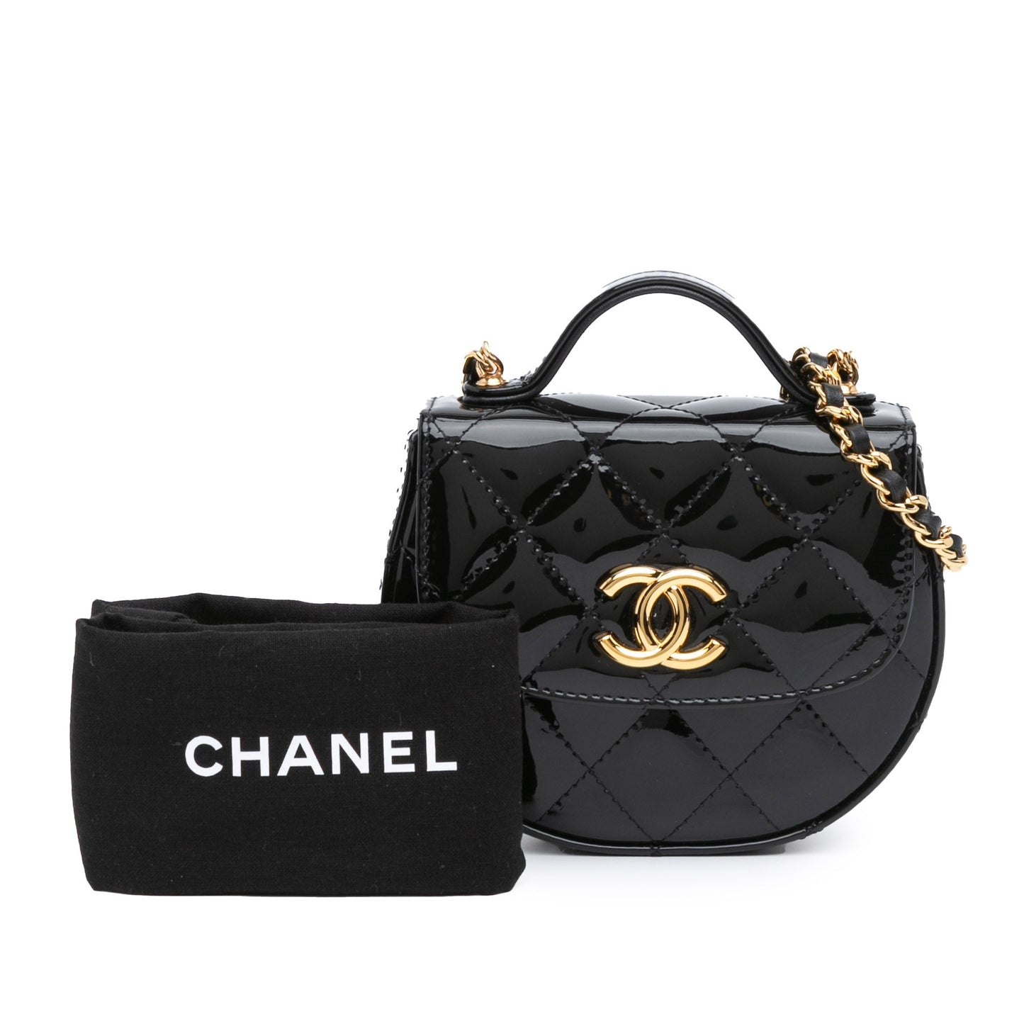 Black Chanel Mini CC Quilted Patent Leather Top Handle Clutch with Chain Satchel