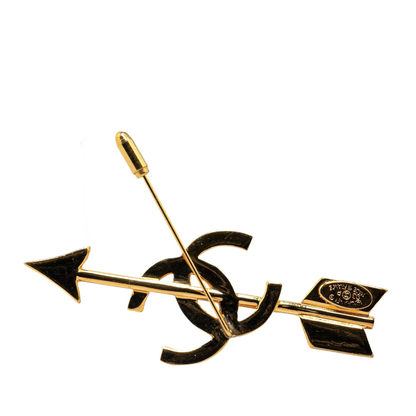 Gold Chanel Gold Plated CC Logo And Arrow Brooch Pin
