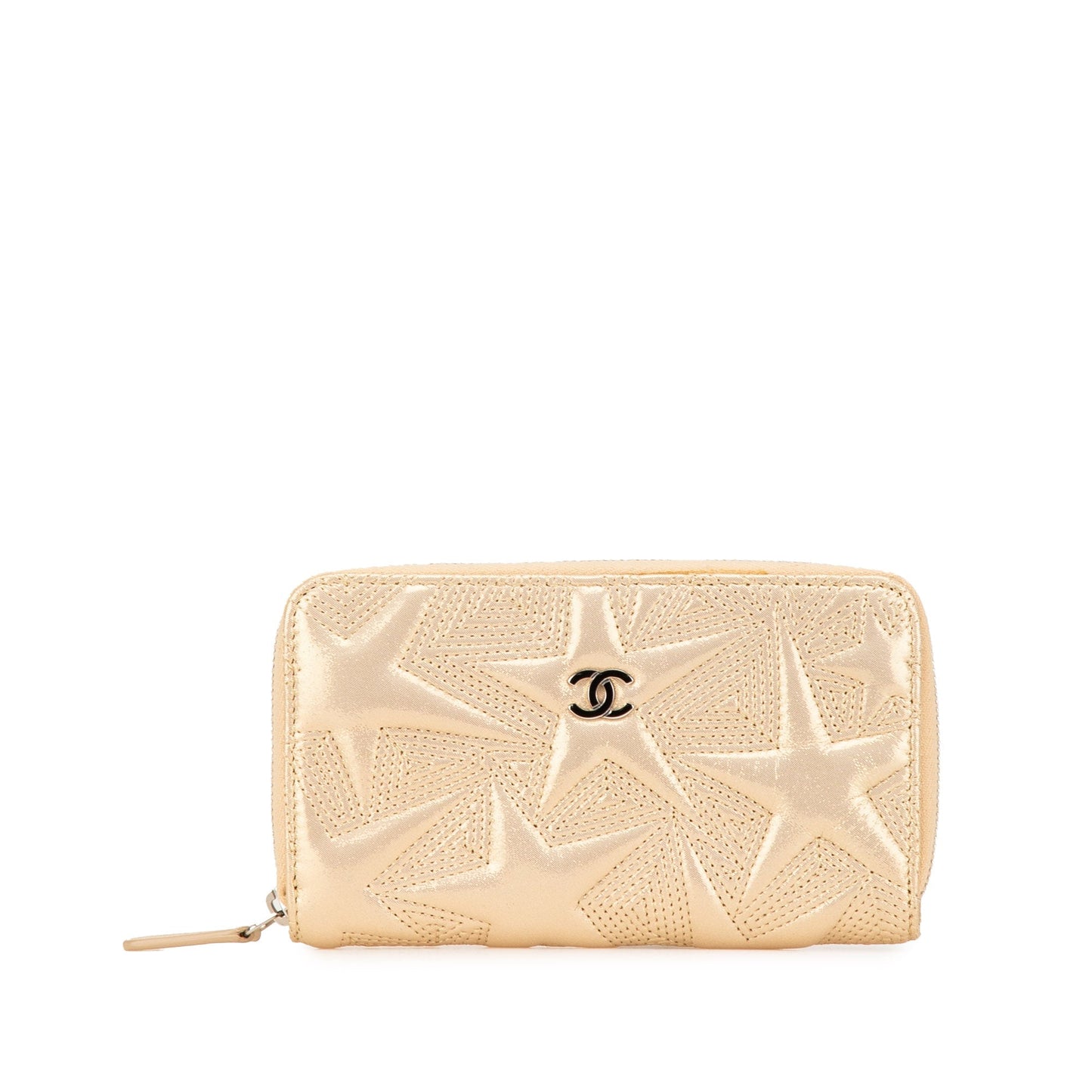 Gold Chanel Medium Metallic Lambskin Star Embossed Zip Around Wallet