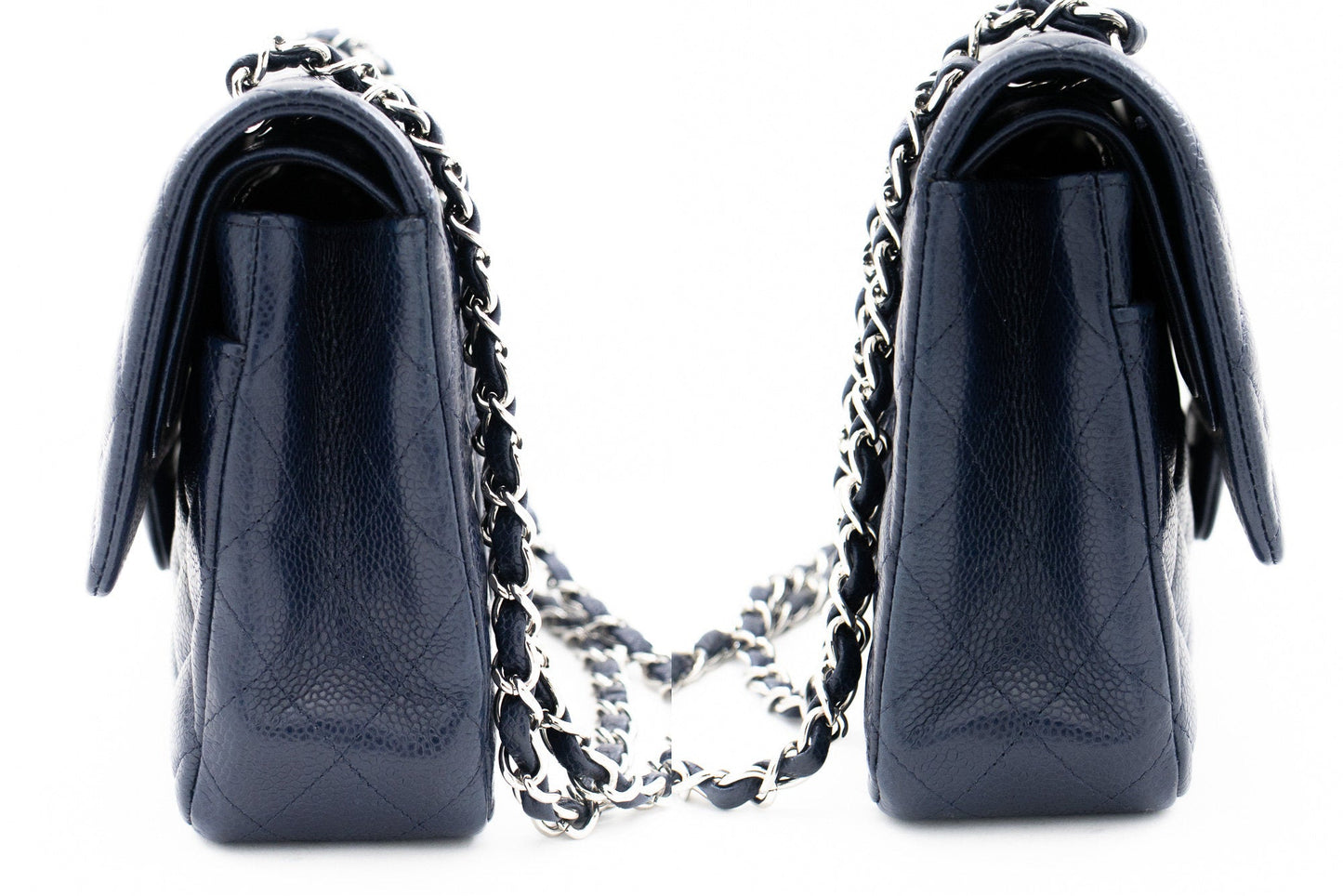 CHANEL Navy Caviar Double Flap Chain Shoulder Bag Quilted Leather j44