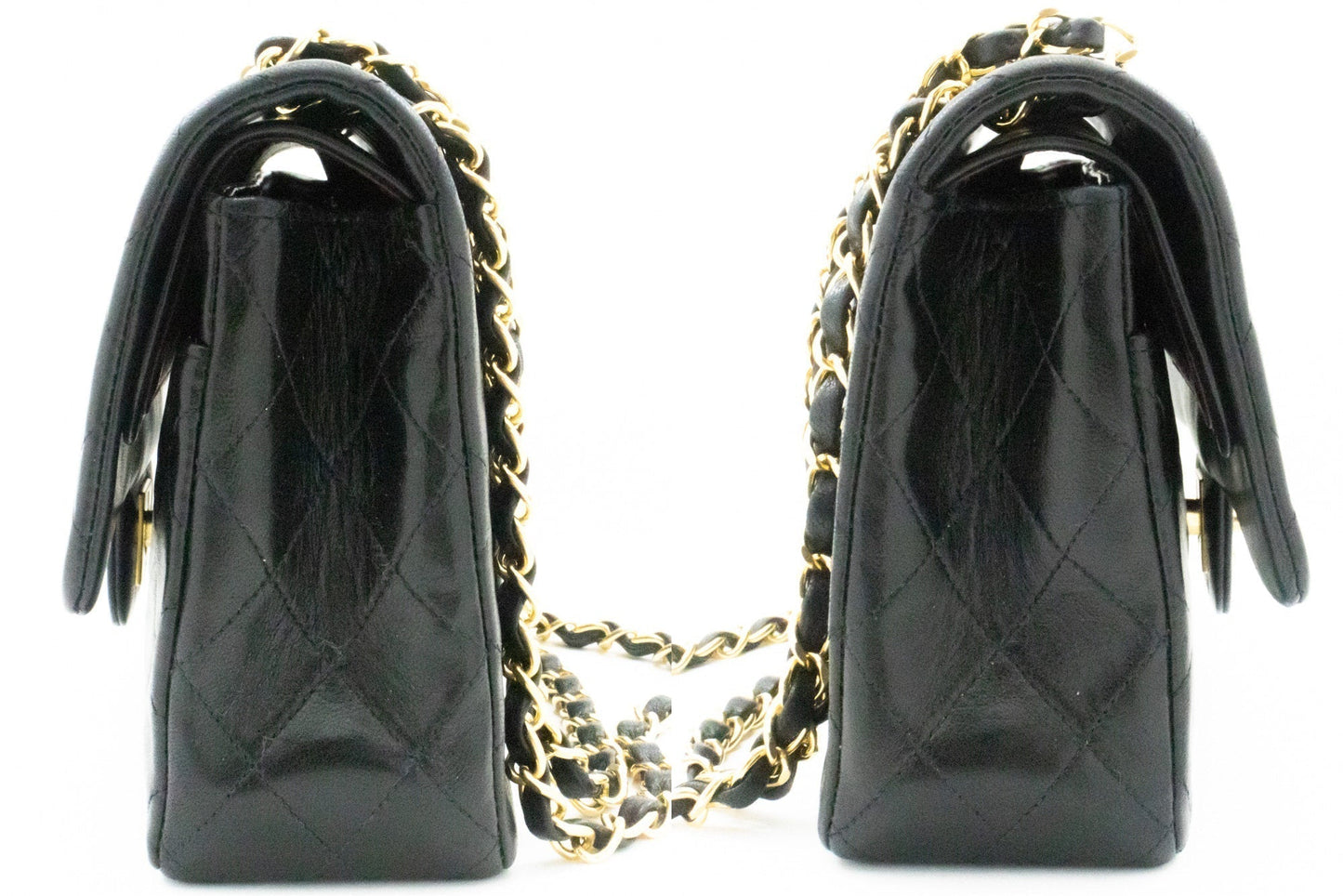 CHANEL Classic Double Flap 10" Chain Shoulder Bag Black Lambskin k66