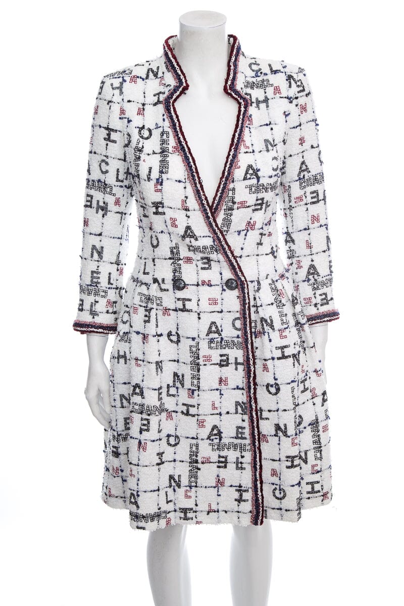Chanel Spring 2020 White & Multi Logo Tweed Coat/Dress SZ 36
