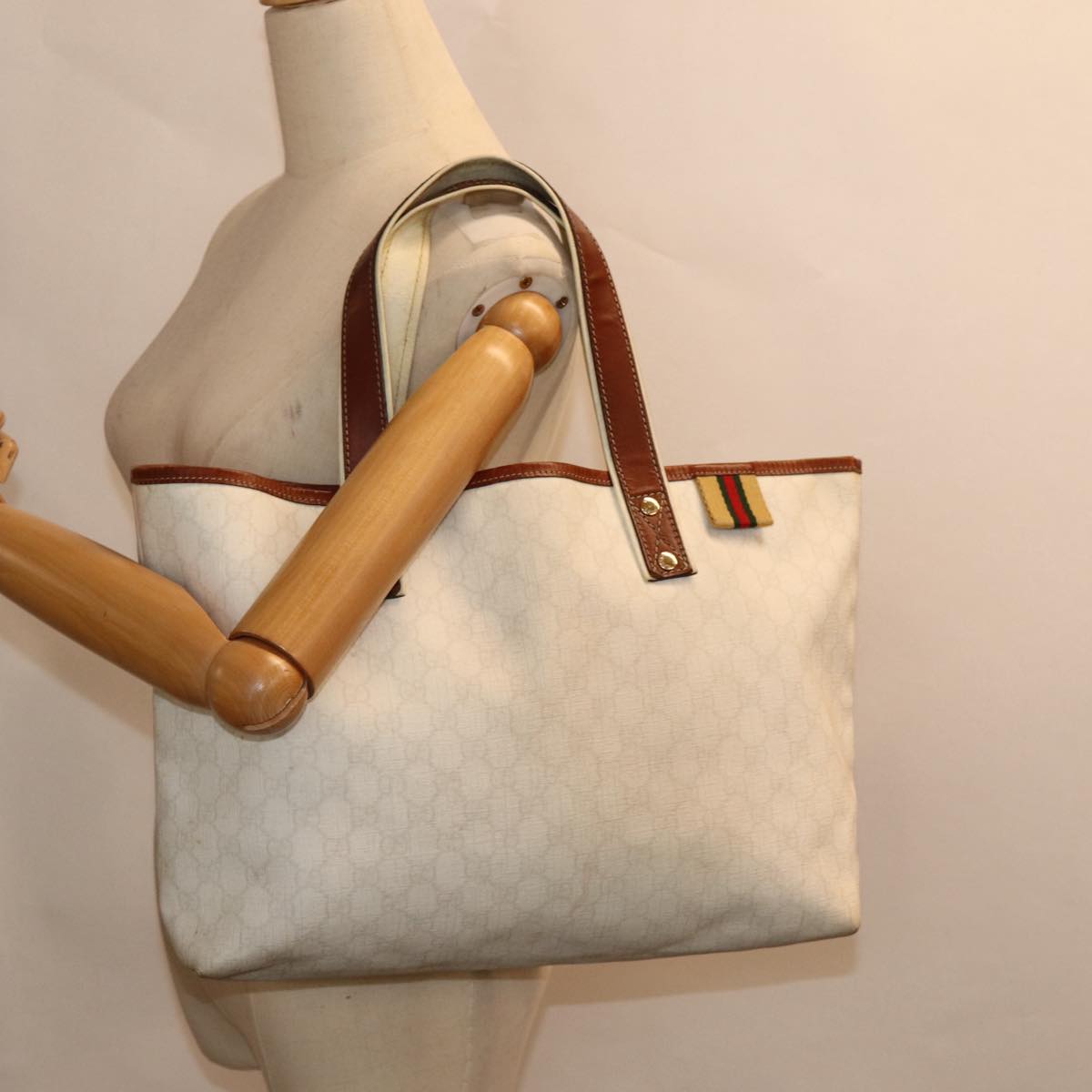 GUCCI GG Supreme Web Sherry Line Tote Bag PVC White Gold 211134 ac3214
