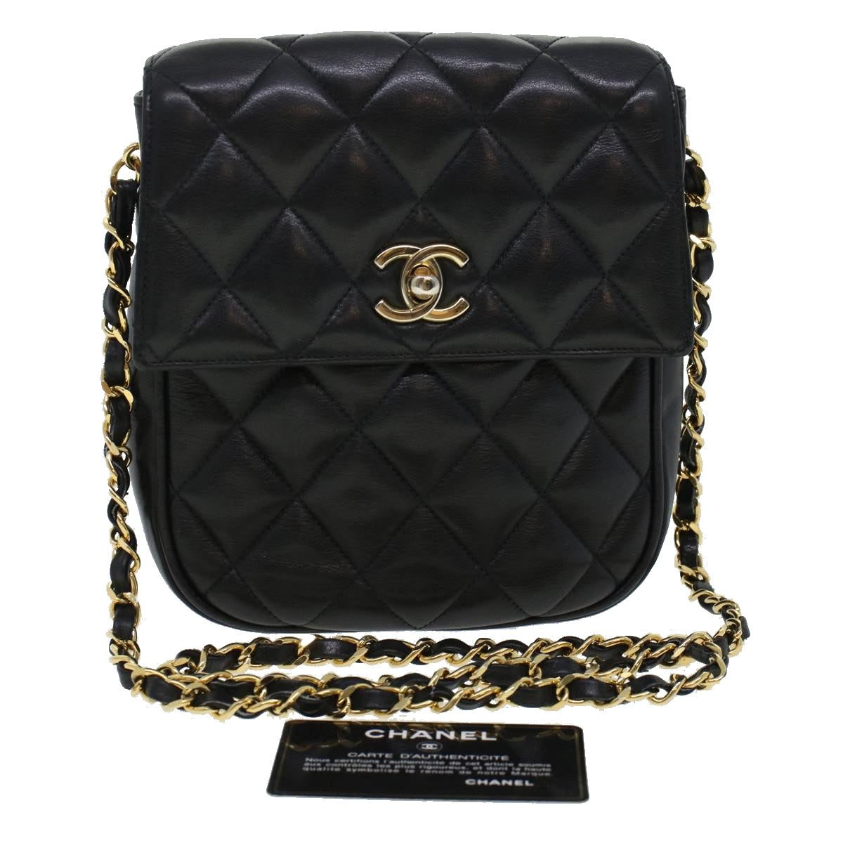 CHANEL Matelasse Turn Lock Chain Shoulder Bag Lamb Skin Black CC am4542