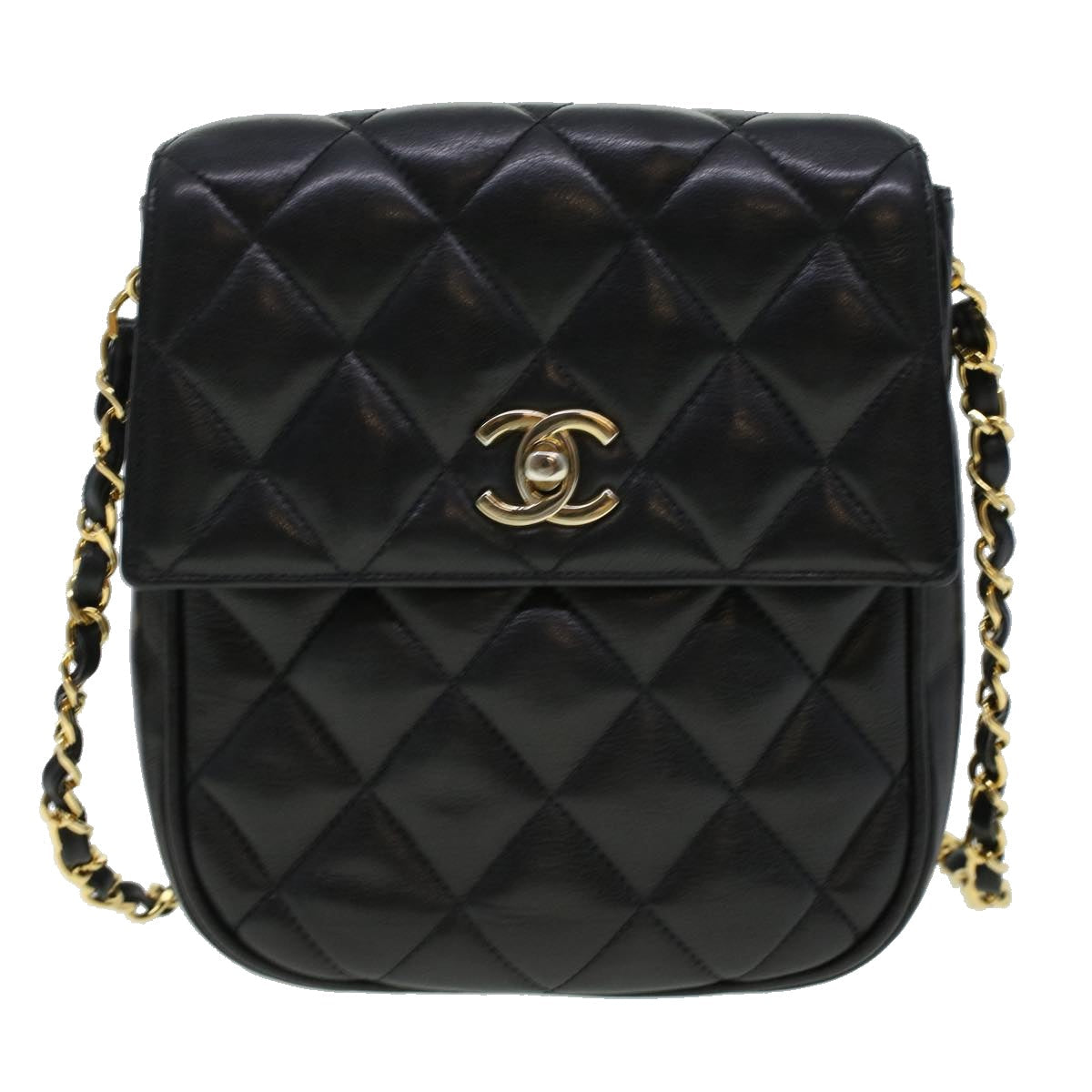 CHANEL Matelasse Turn Lock Chain Shoulder Bag Lamb Skin Black CC am4542