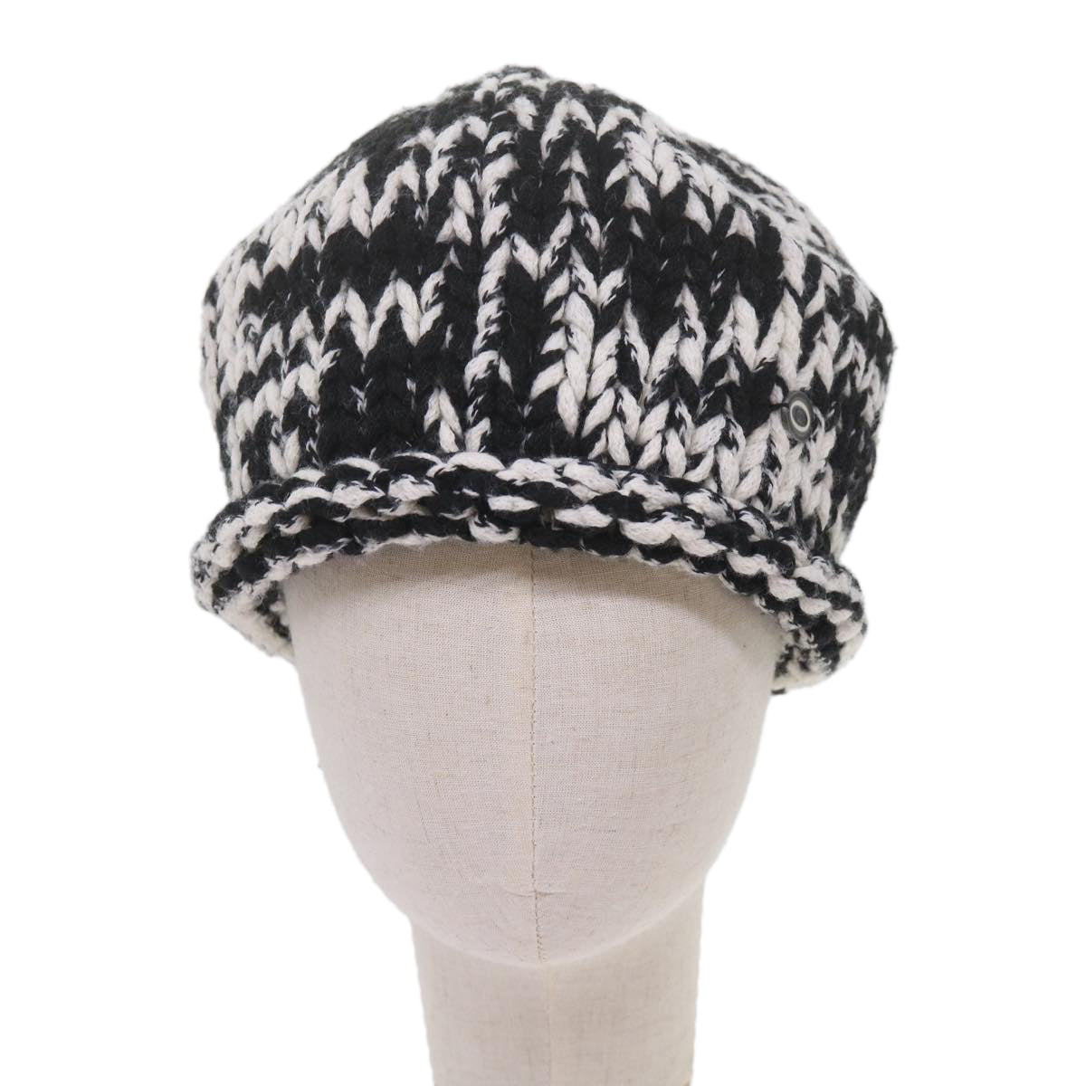 CHANEL COCO Mark Knitted Fabrics Hat Wool Black White CC am5382