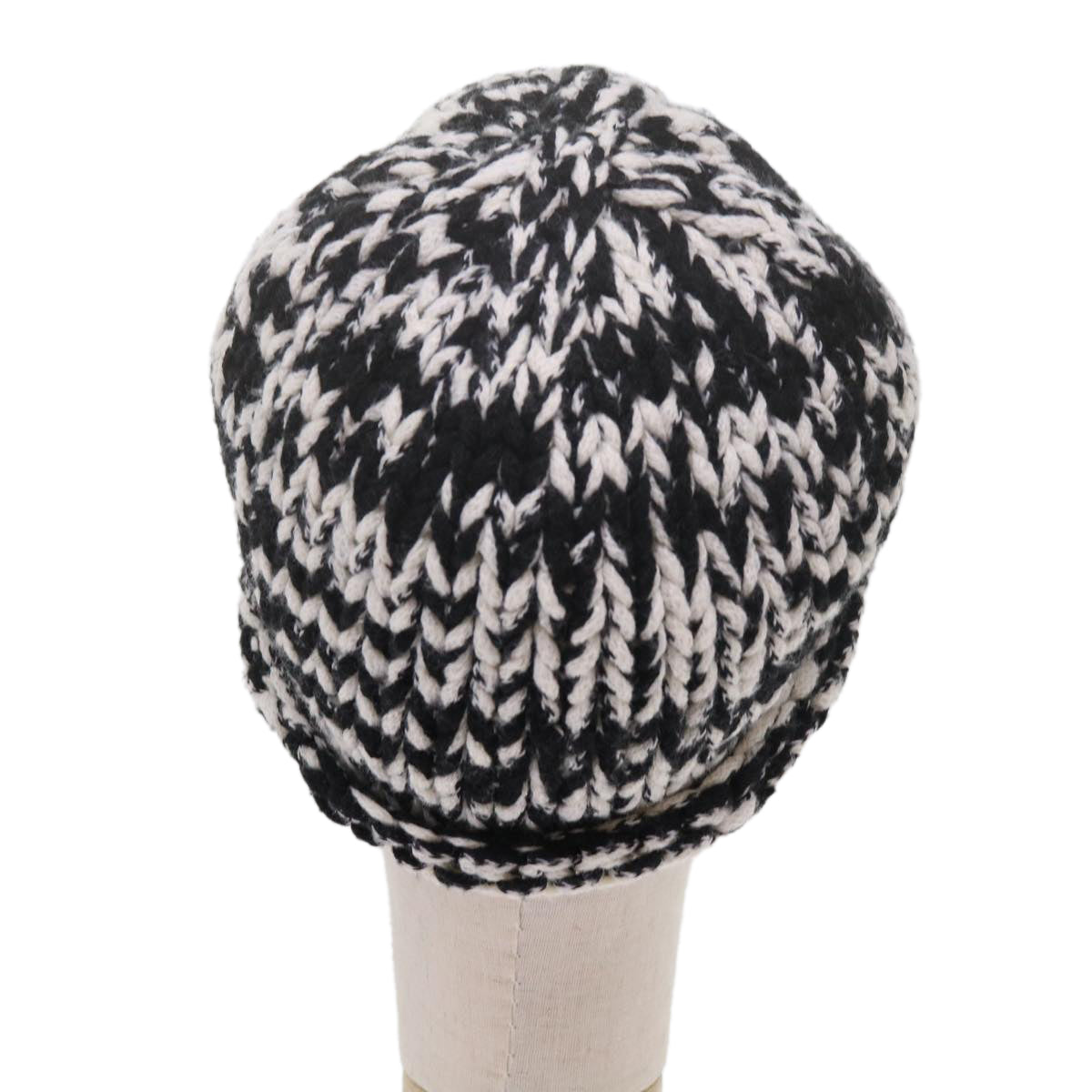 CHANEL COCO Mark Knitted Fabrics Hat Wool Black White CC am5382