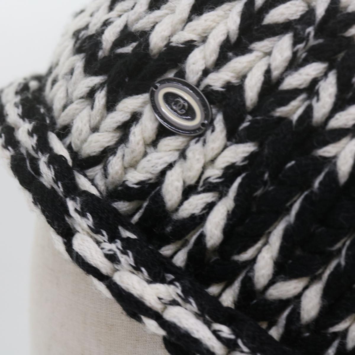 CHANEL COCO Mark Knitted Fabrics Hat Wool Black White CC am5382