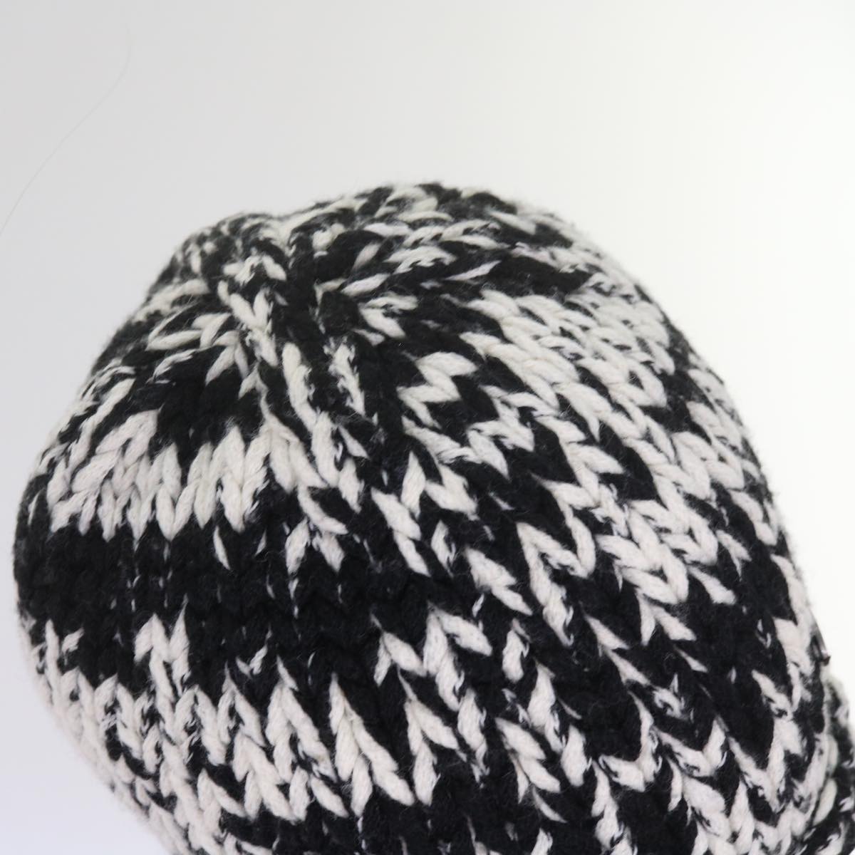 CHANEL COCO Mark Knitted Fabrics Hat Wool Black White CC am5382