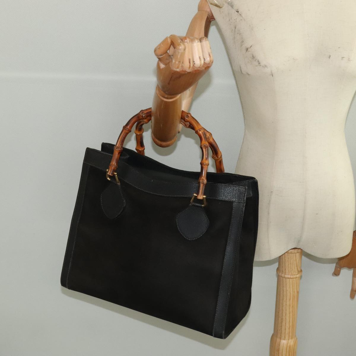 GUCCI Bamboo Hand Bag Suede Leather Black Gold 002 1095 0260 am7190