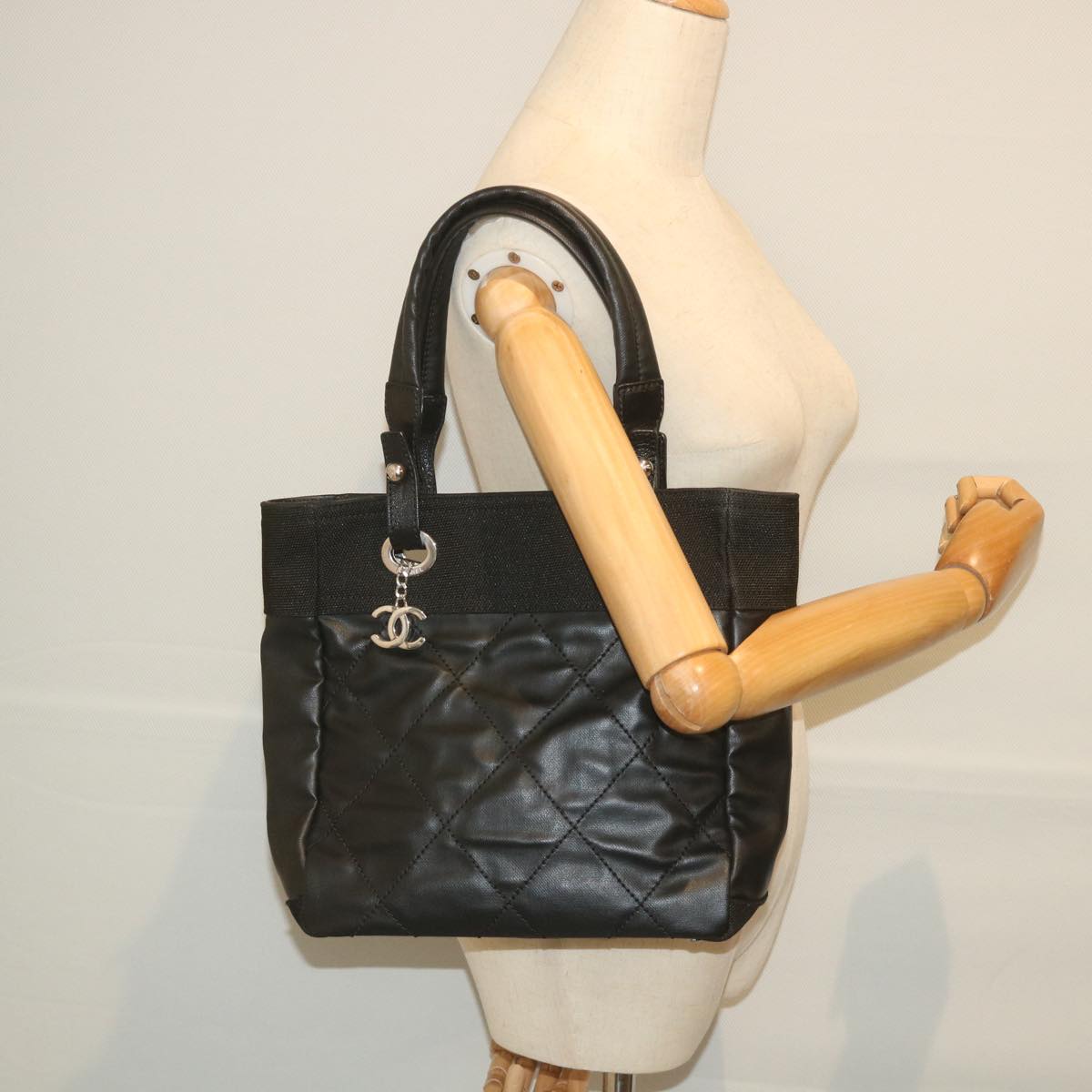 CHANEL Paris Biarritz Tote PM Tote Bag Coated Canvas Black CC ar10719