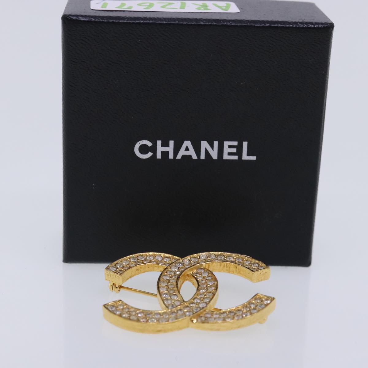 CHANEL COCO Mark Rhinestone Brooch metal Gold Tone CC ar12671
