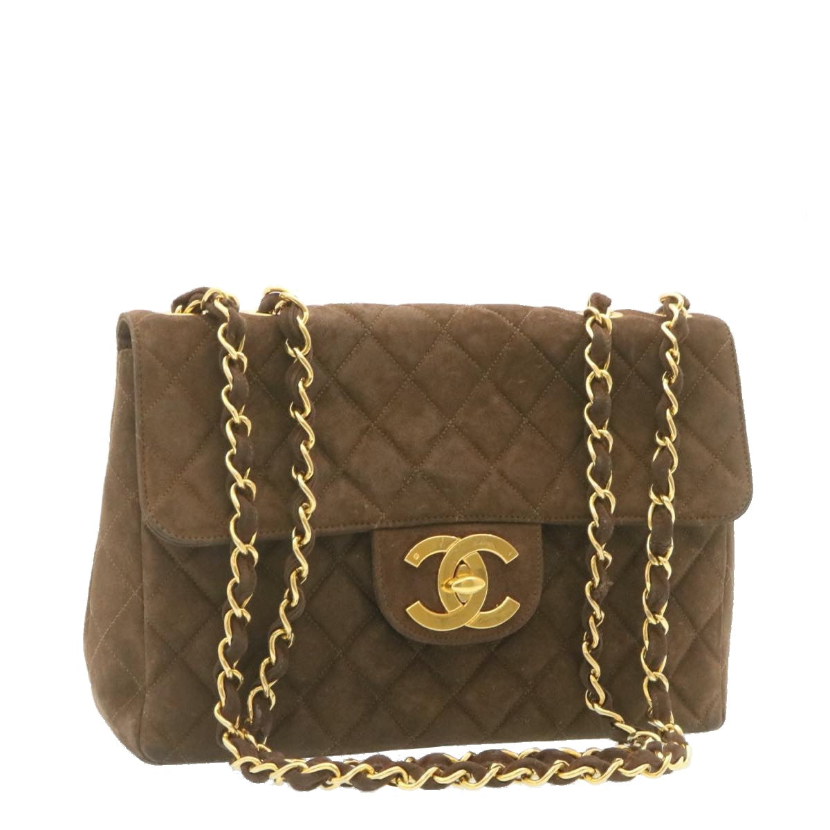 CHANEL Matelasse 30 Double Chain flap Shoulder Bag Suede Brown CC ar4582