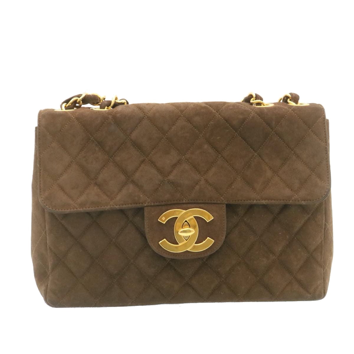 CHANEL Matelasse 30 Double Chain flap Shoulder Bag Suede Brown CC ar4582
