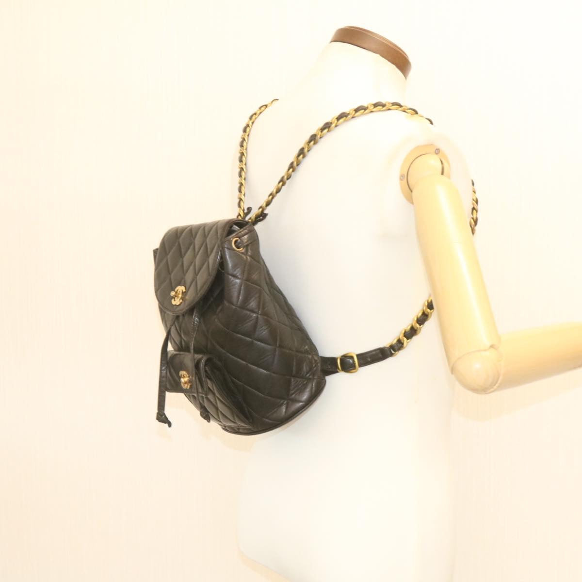 CHANEL Matelasse Backpack Leather Black Gold Tone CC ar4662A
