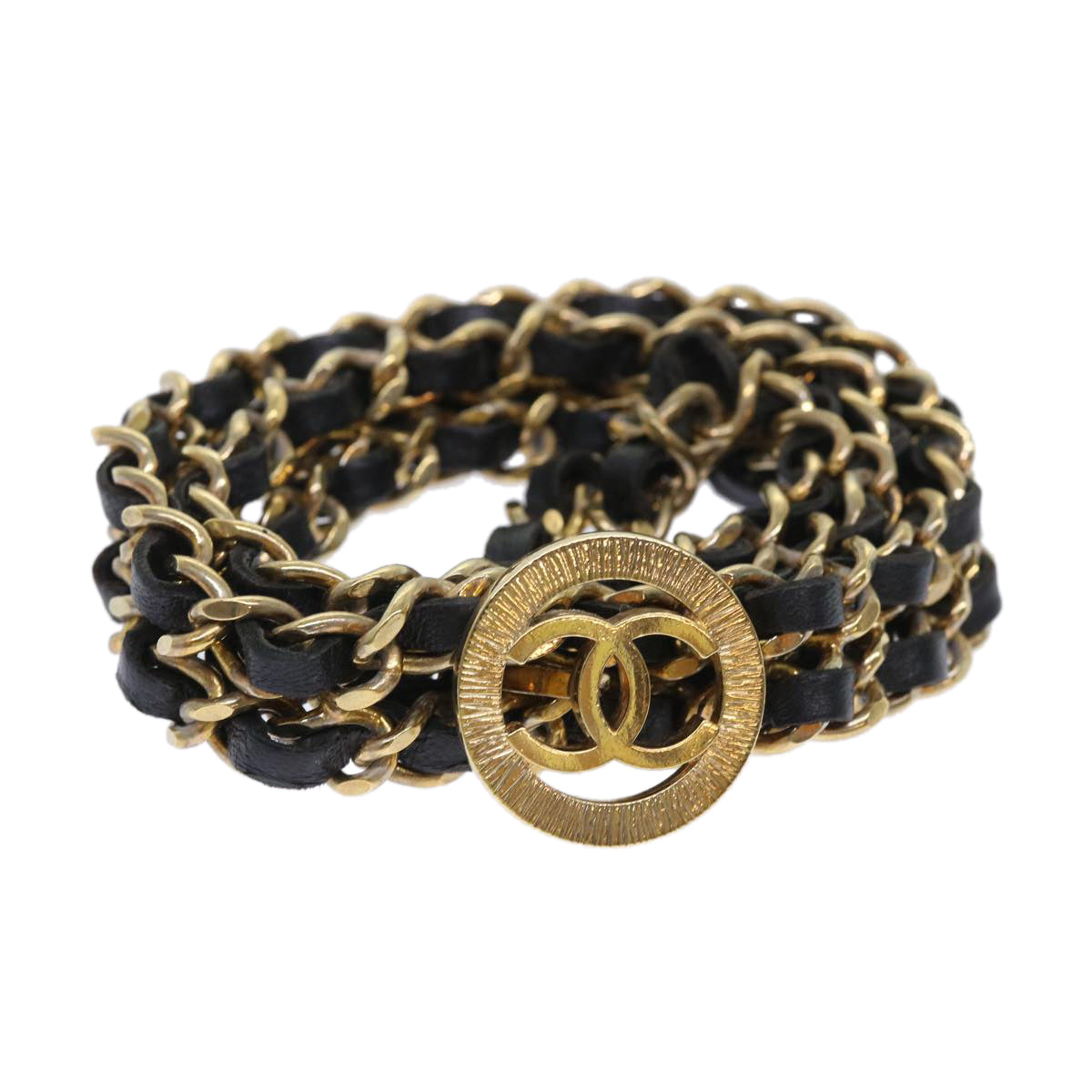 CHANEL Chain Belt Metal Leather Gold Tone Black CC ar9801B