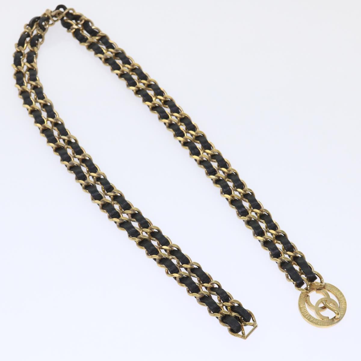 CHANEL Chain Belt Metal Leather Gold Tone Black CC ar9801B