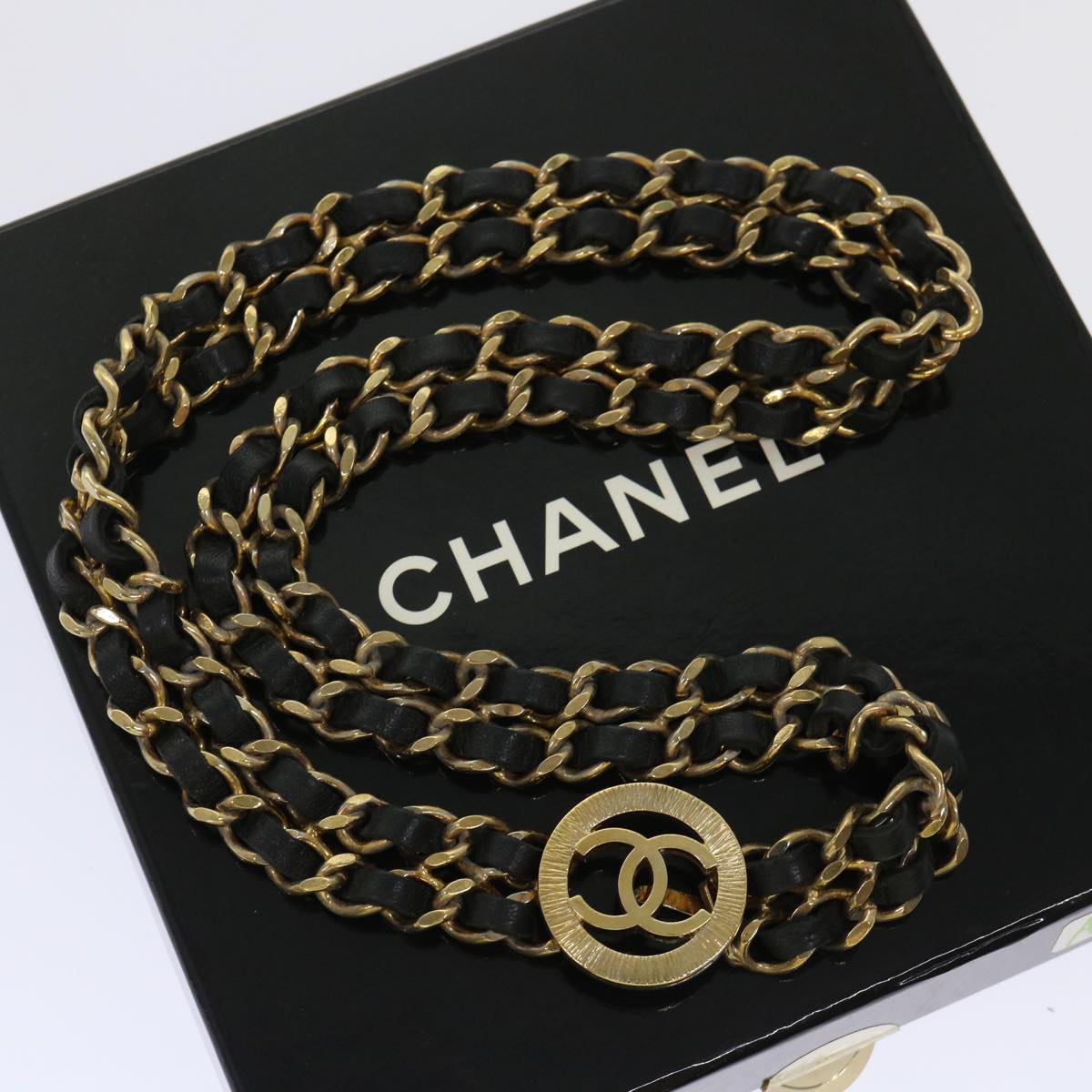 CHANEL Chain Belt Metal Leather Gold Tone Black CC ar9801B