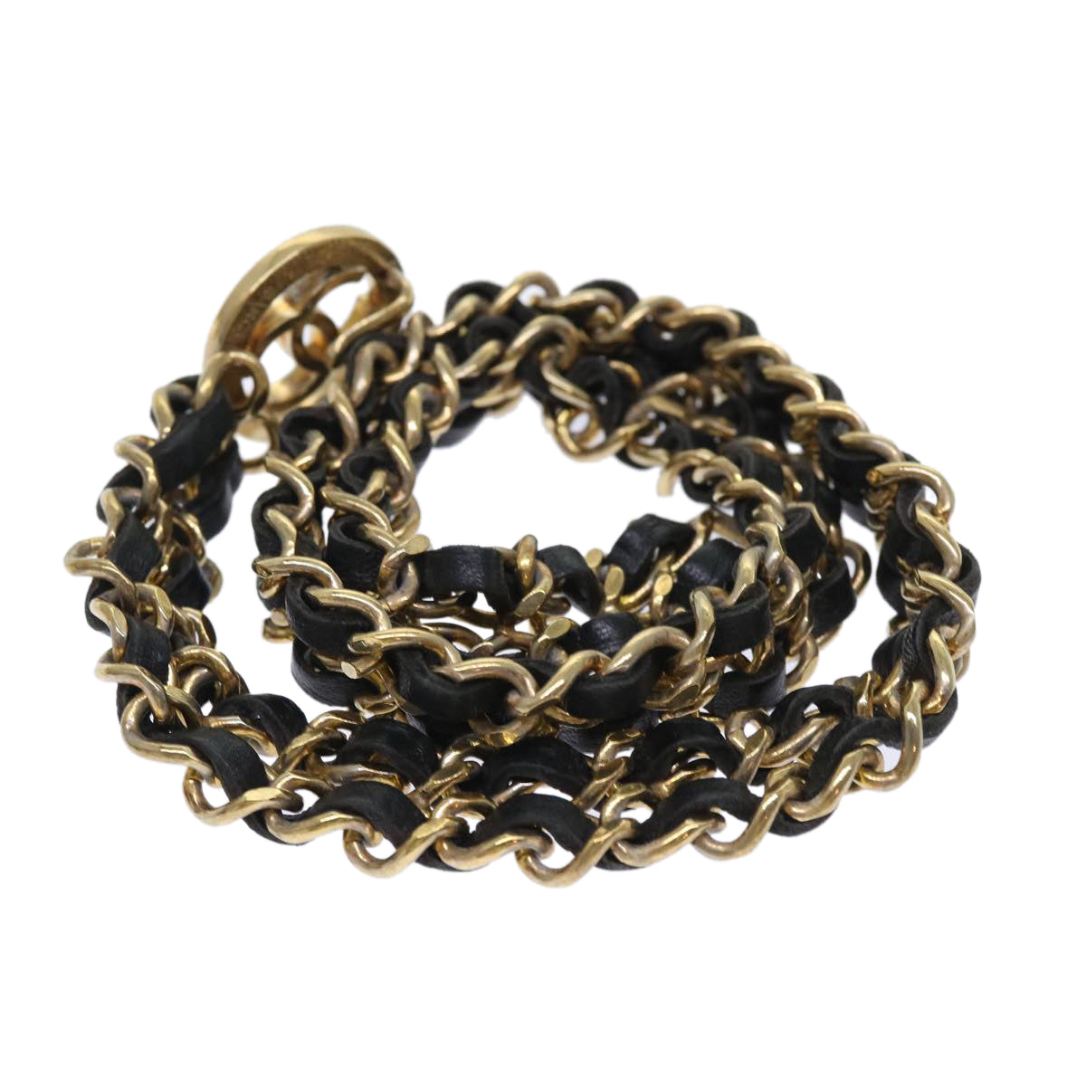 CHANEL Chain Belt Metal Leather Gold Tone Black CC ar9801B
