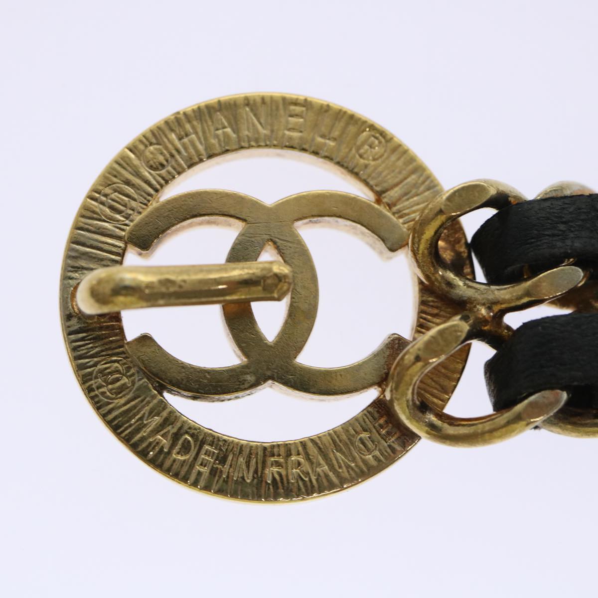 CHANEL Chain Belt Metal Leather Gold Tone Black CC ar9801B