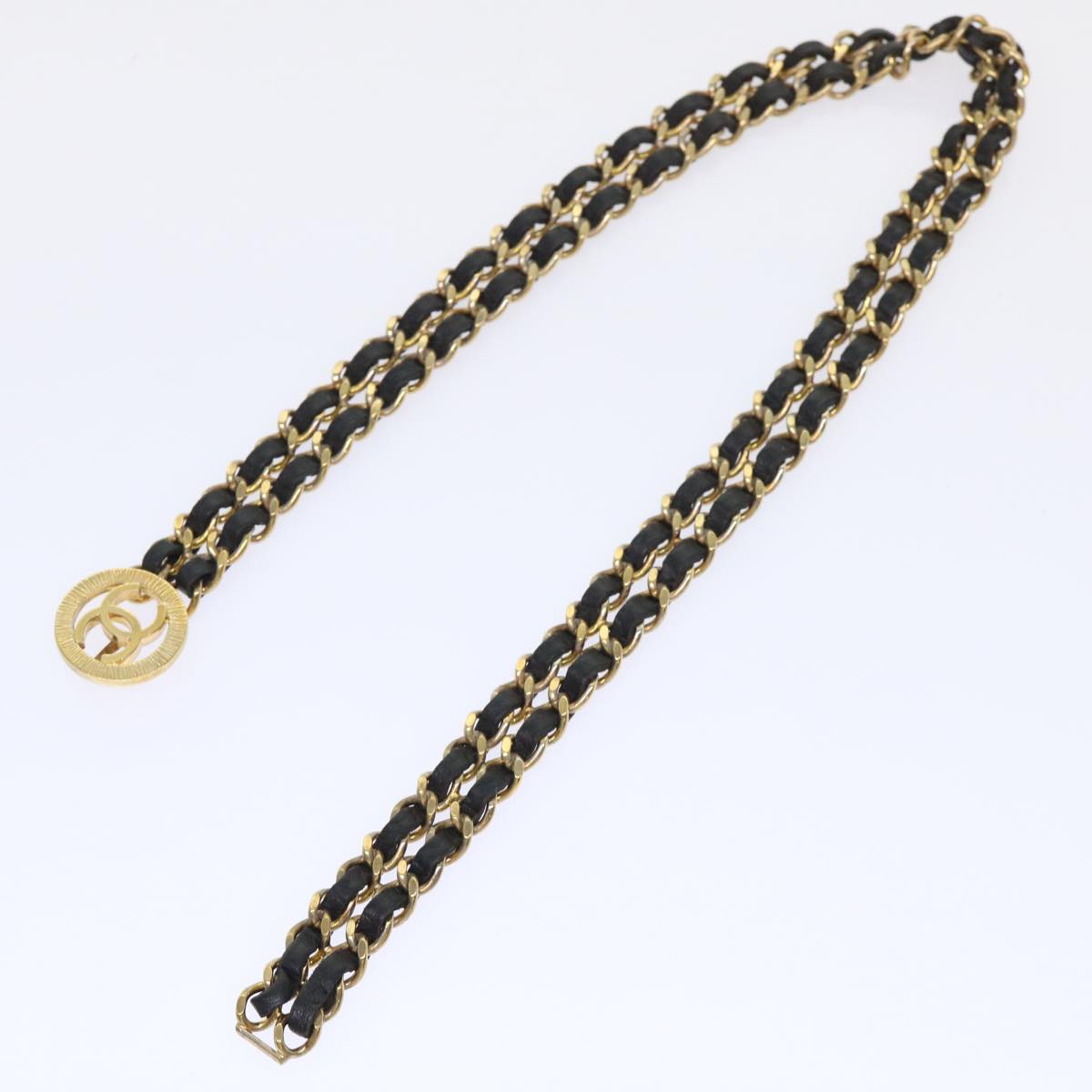 CHANEL Chain Belt Metal Leather Gold Tone Black CC ar9801B