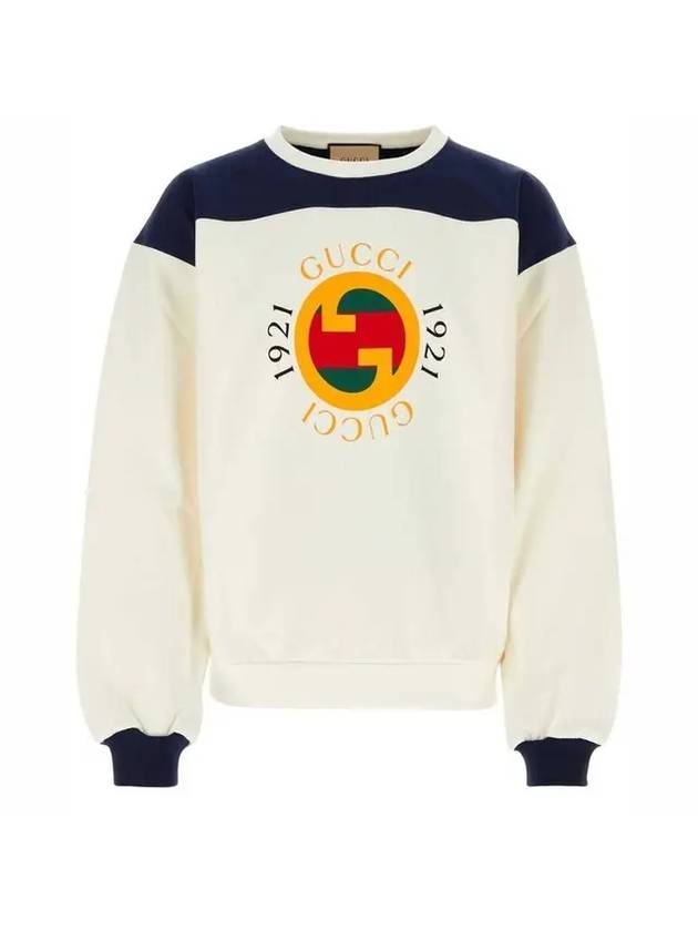 Gucci 1921 Logo Print Cotton Jersey Sweatshirt Ivory Blue