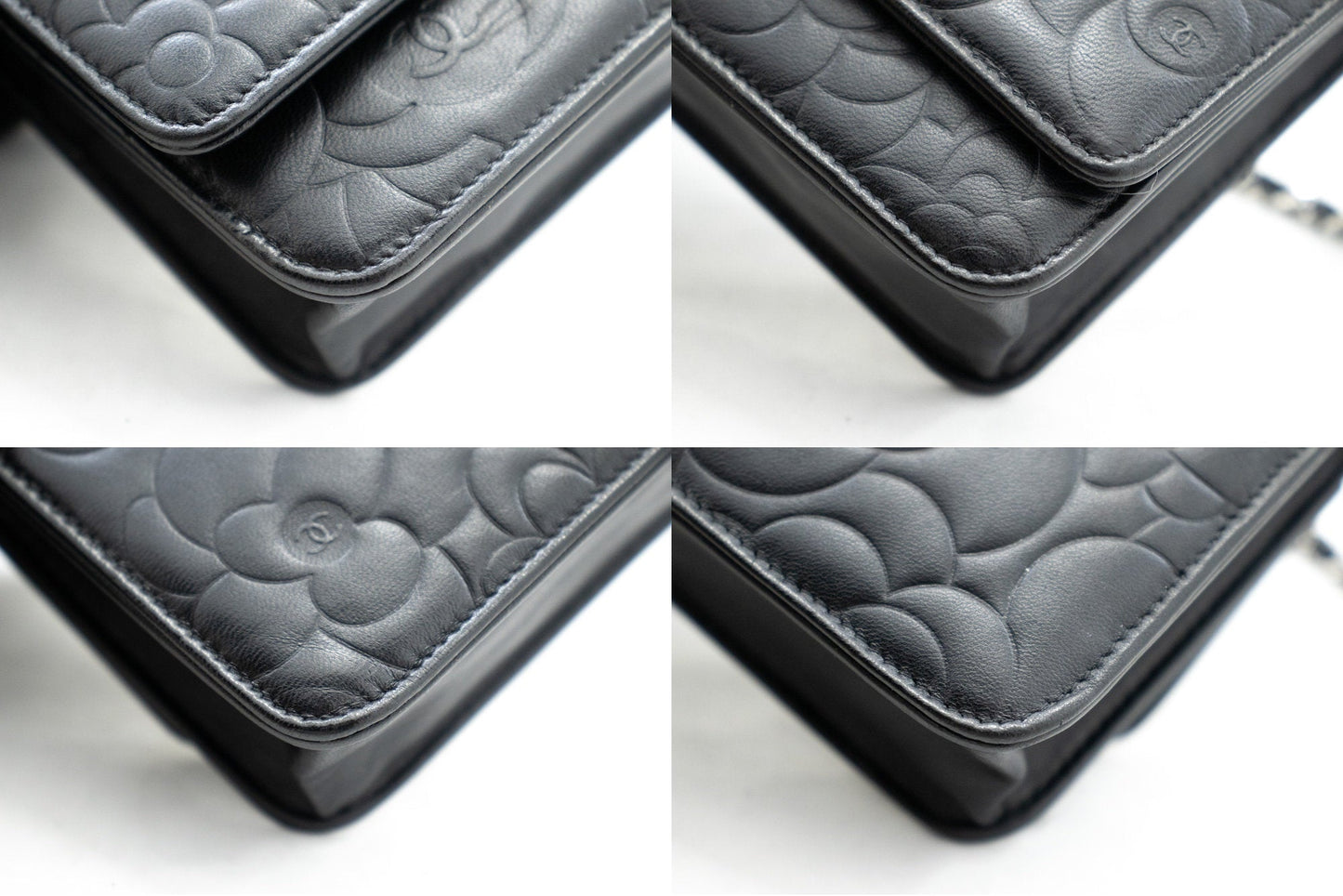 CHANEL Black Camellia Embossed Wallet On Chain WOC Shoulder Bag k68