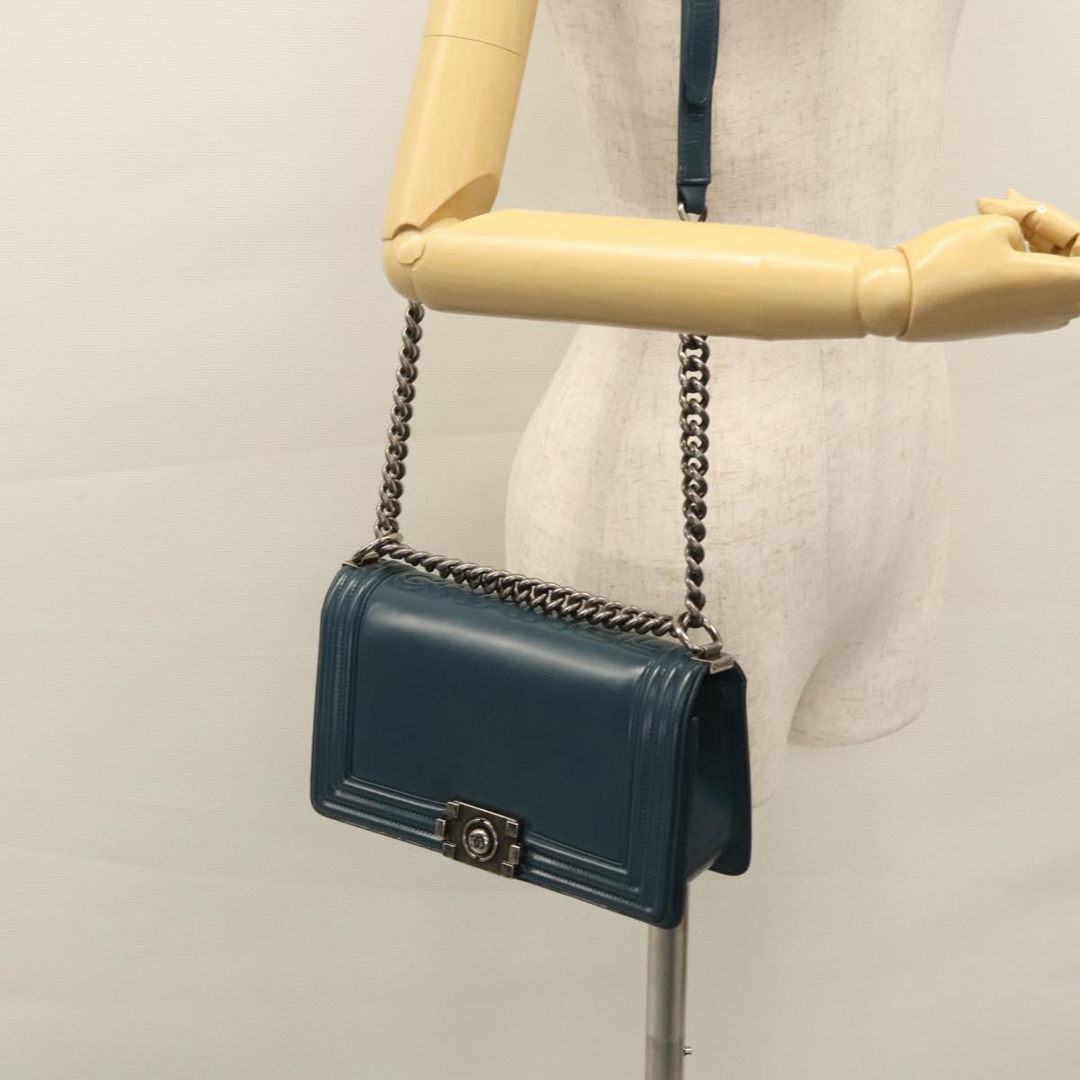 CHANEL Chain Matelasse Boy Chanel Shoulder Bag Leather Blue CC BA247A