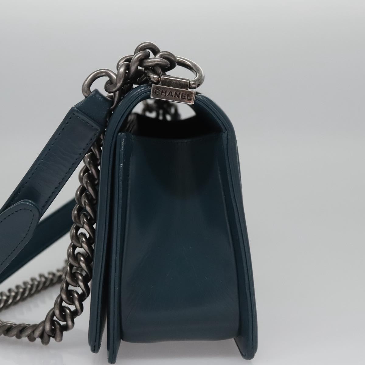 CHANEL Chain Matelasse Boy Chanel Shoulder Bag Leather Blue CC BA247A