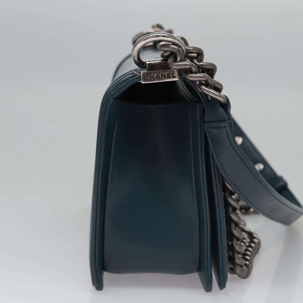 CHANEL Chain Matelasse Boy Chanel Shoulder Bag Leather Blue CC BA247A