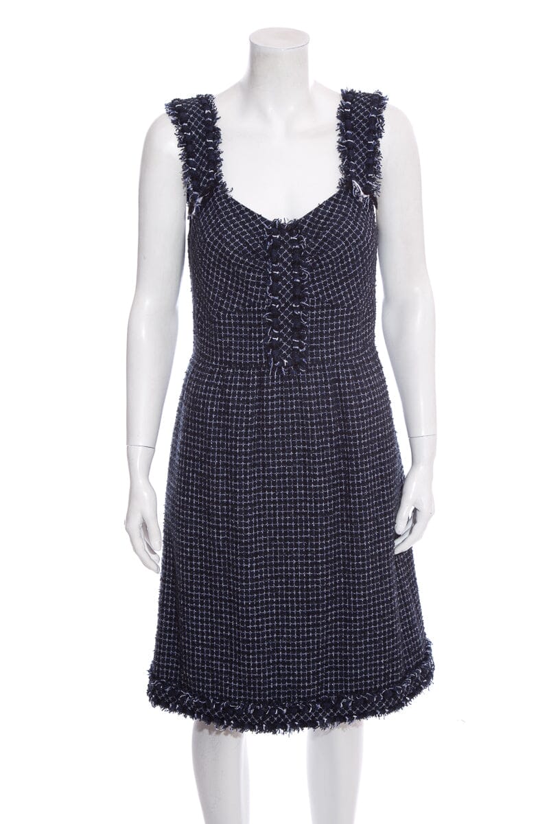Chanel Navy Tweed Sleeveless Knee Length Dress SZ 40